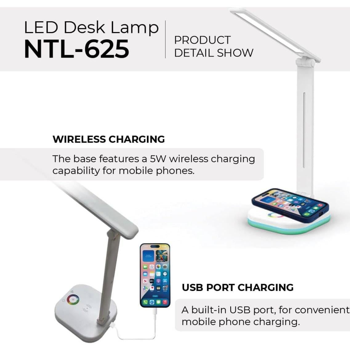 Lámpara de Escritorio LED Genérico NTL-625QI con Cargador Inalámbrico y USB