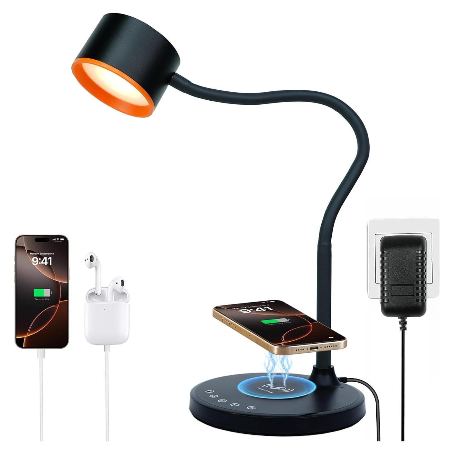 KAiSnova Desk Lamp for Office Home, Gooseneck Desk Lamp with Wireless Charger, Touch Table Lamp with USB C+A Charging Ports, 5 Colors Dimmable Bedside Reading Lamp for College Dorm Room Black