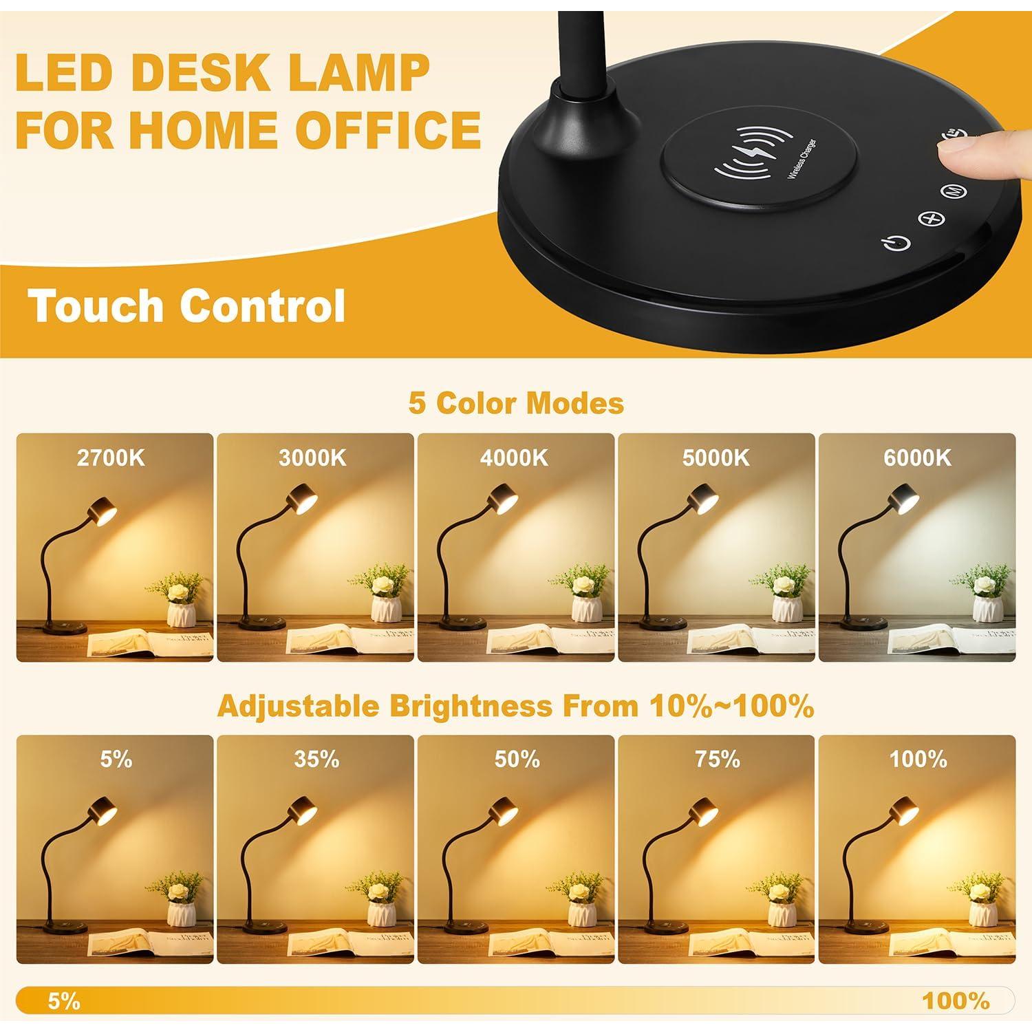 KAiSnova Desk Lamp for Office Home, Gooseneck Desk Lamp with Wireless Charger, Touch Table Lamp with USB C+A Charging Ports, 5 Colors Dimmable Bedside Reading Lamp for College Dorm Room Black