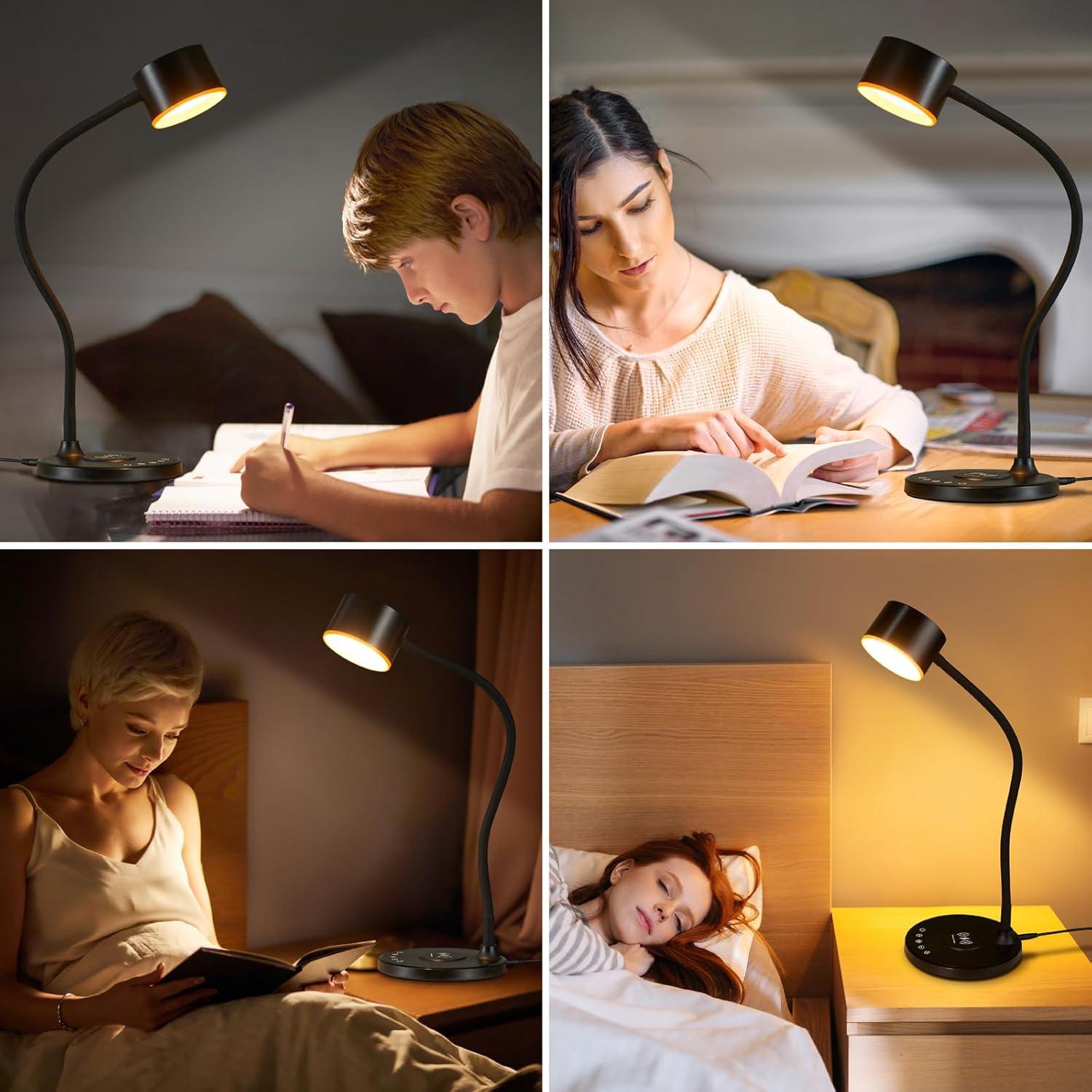 KAiSnova Desk Lamp for Office Home, Gooseneck Desk Lamp with Wireless Charger, Touch Table Lamp with USB C+A Charging Ports, 5 Colors Dimmable Bedside Reading Lamp for College Dorm Room Black