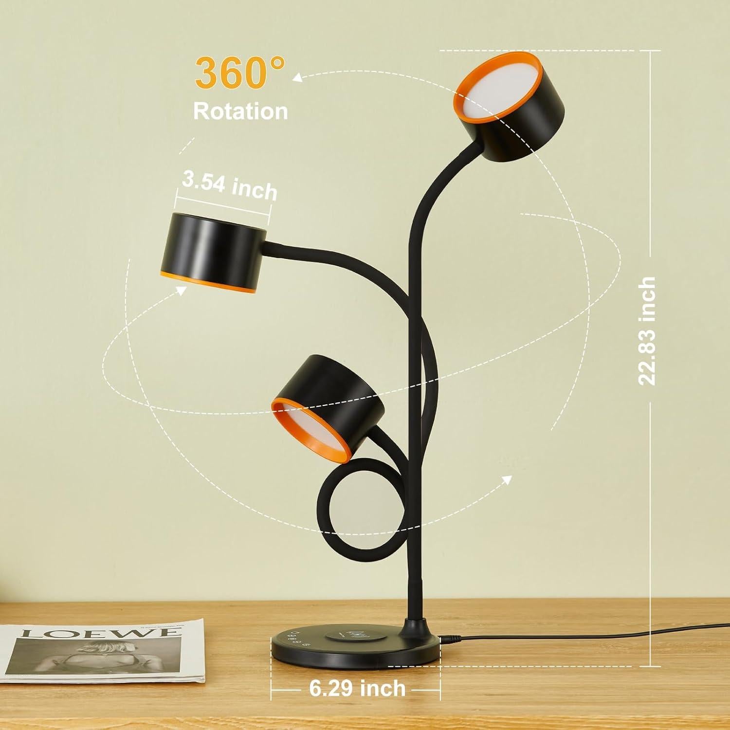 KAiSnova Desk Lamp for Office Home, Gooseneck Desk Lamp with Wireless Charger, Touch Table Lamp with USB C+A Charging Ports, 5 Colors Dimmable Bedside Reading Lamp for College Dorm Room Black