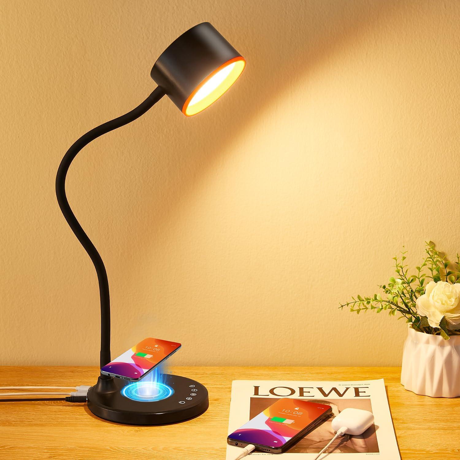 KAiSnova Desk Lamp for Office Home, Gooseneck Desk Lamp with Wireless Charger, Touch Table Lamp with USB C+A Charging Ports, 5 Colors Dimmable Bedside Reading Lamp for College Dorm Room Black