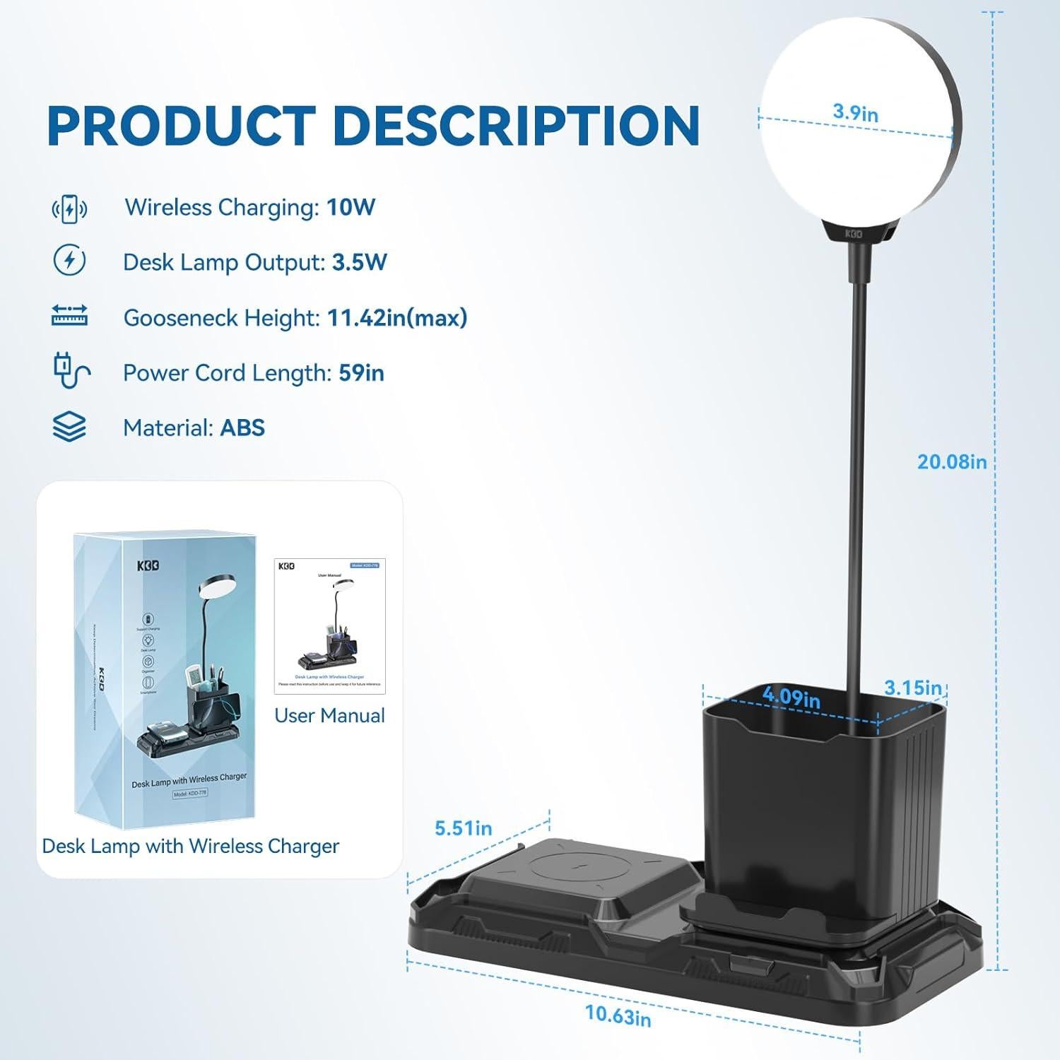Lámpara de Escritorio KDD 4 en 1 con Cargador Inalámbrico LED