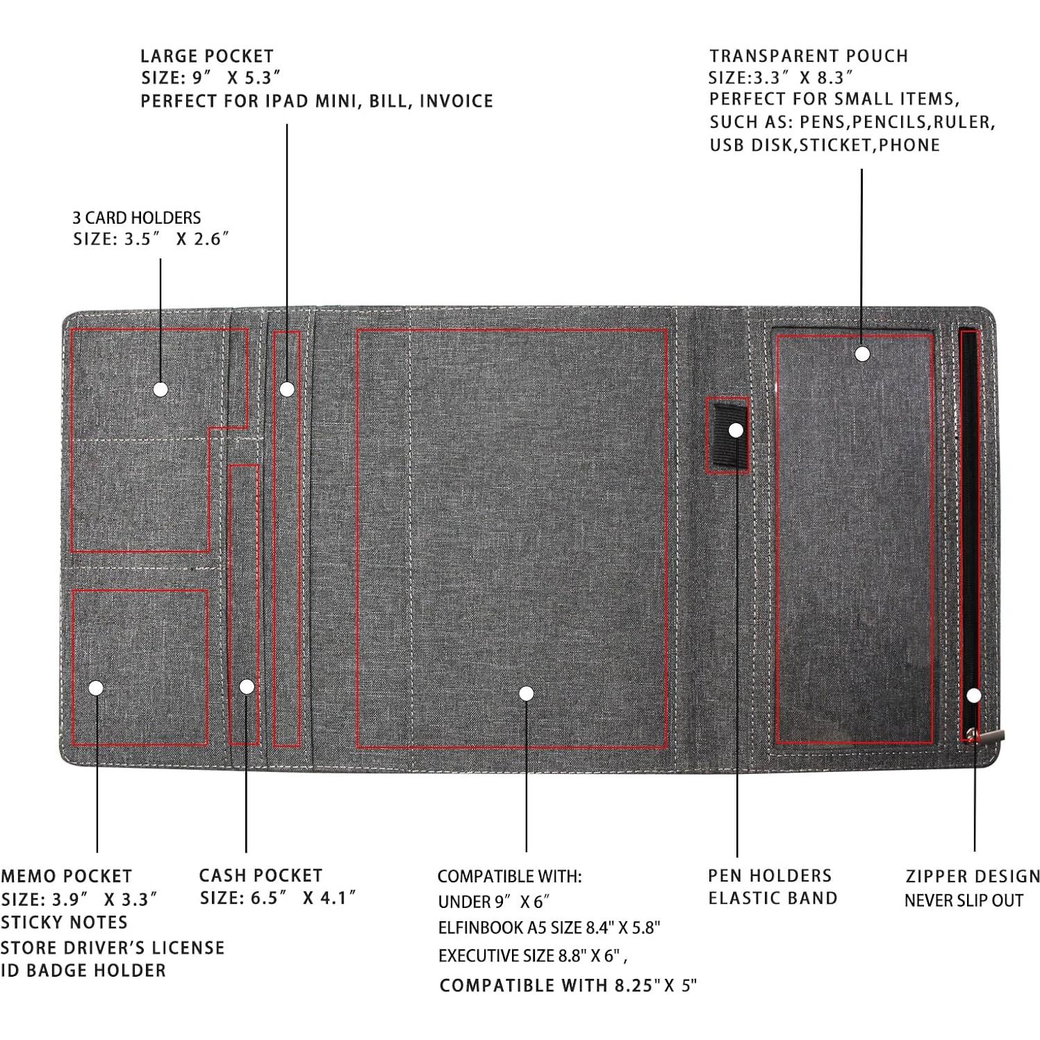 Funda para Cuaderno A5 ANSSOW Gris - Tela Impermeable con Organizador