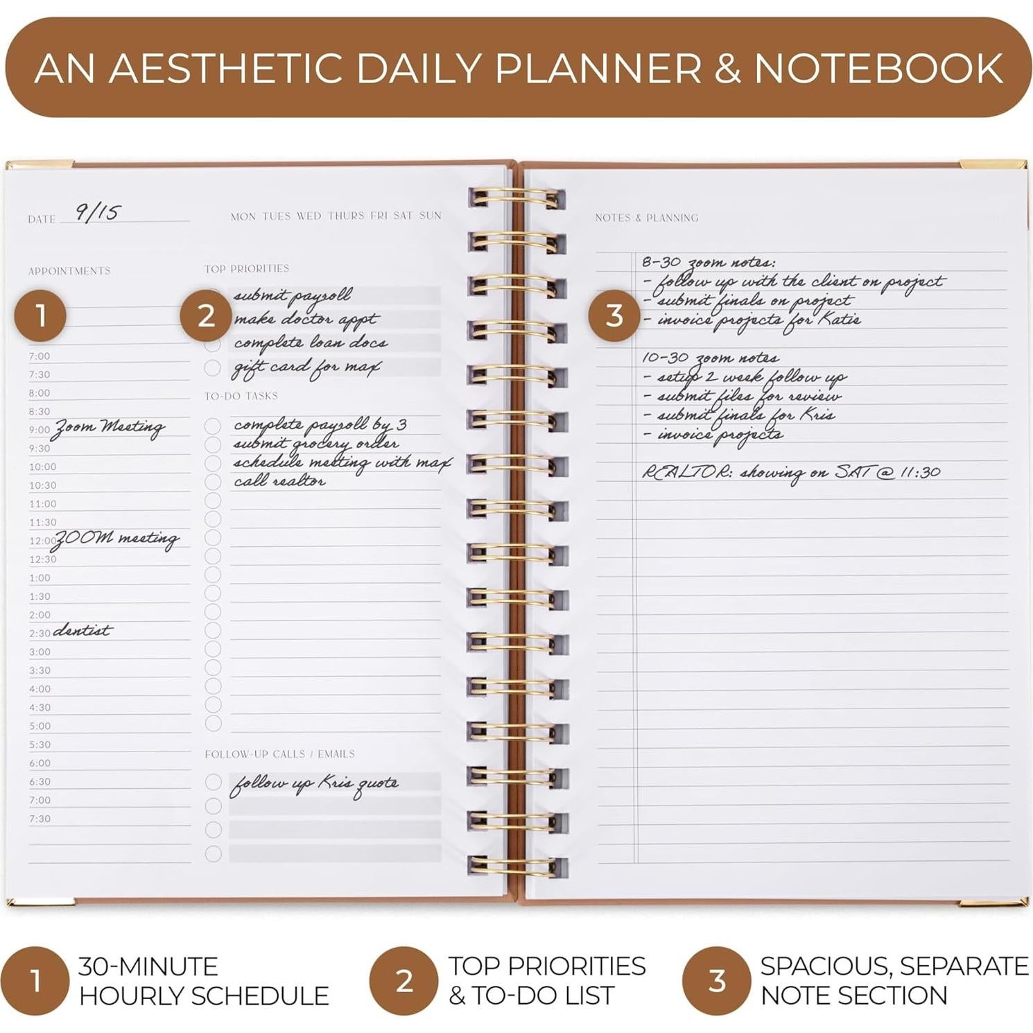 Planificador Diario ZICOTO con Horario - 210 Páginas Camello