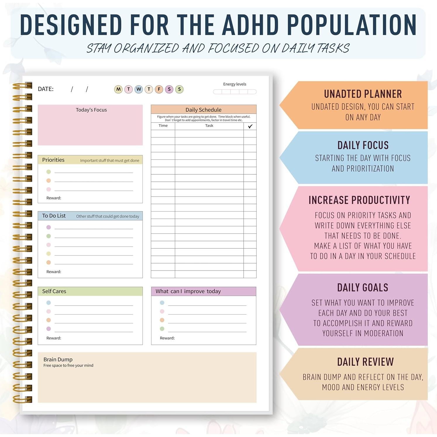 Planificador Diario meDolove B5 No Fechado para ADHD - Flores Coloridas