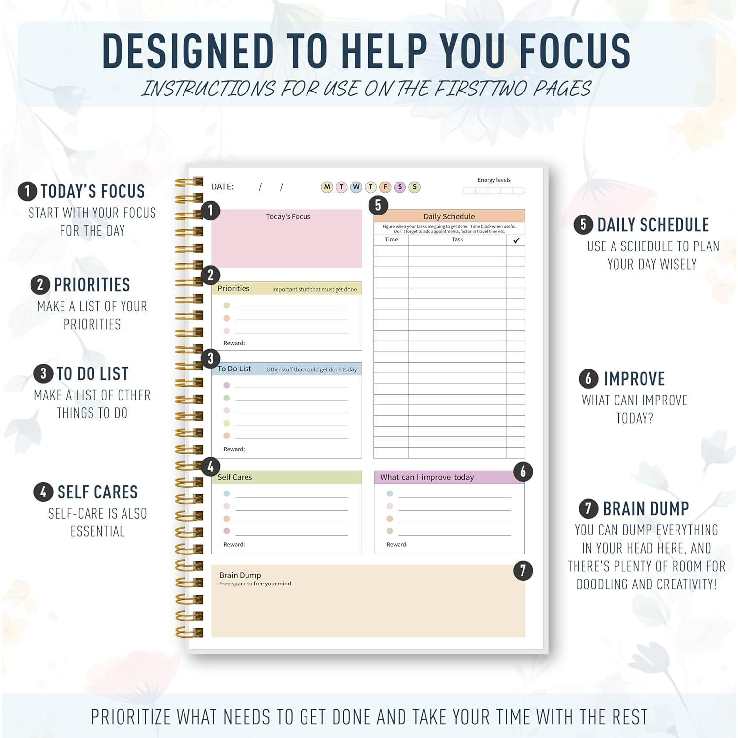 Planificador Diario meDolove B5 No Fechado para ADHD - Flores Coloridas