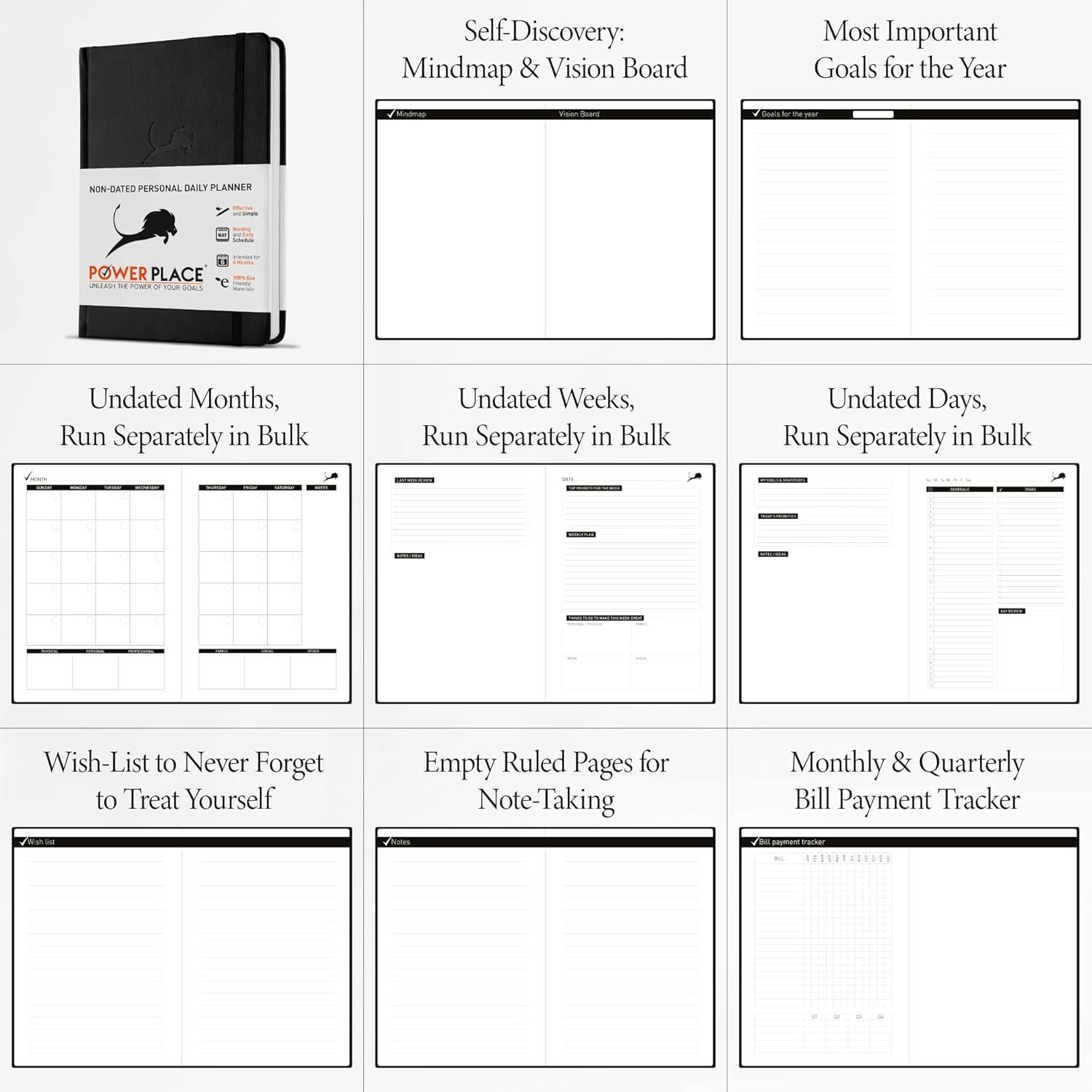 Planificador Diario Power Place 6 Meses Cuero Sintético Negro