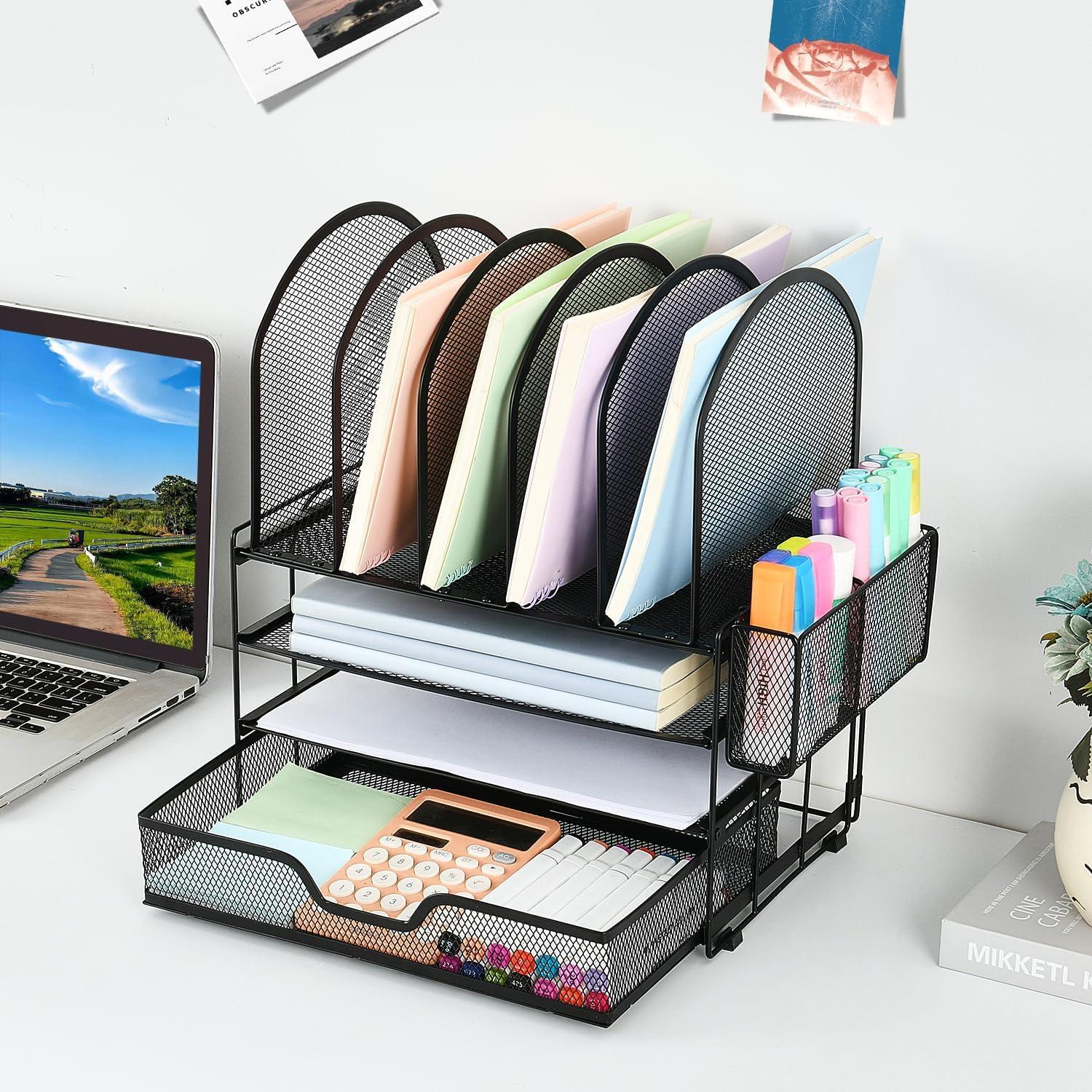 Organizador de Escritorio ORDROLL Negro con Cajón y 5 Soportes