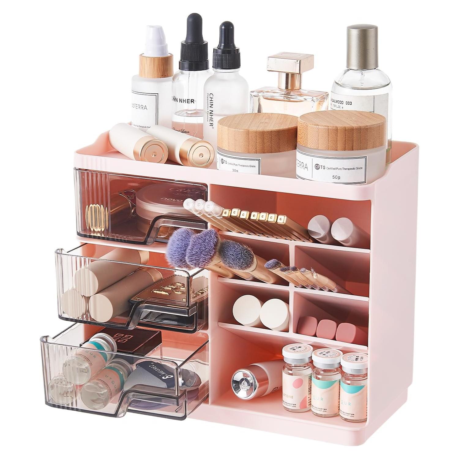 Organizador de Maquillaje UFORU Rosa con 3 Cajones y 7 Compartimentos