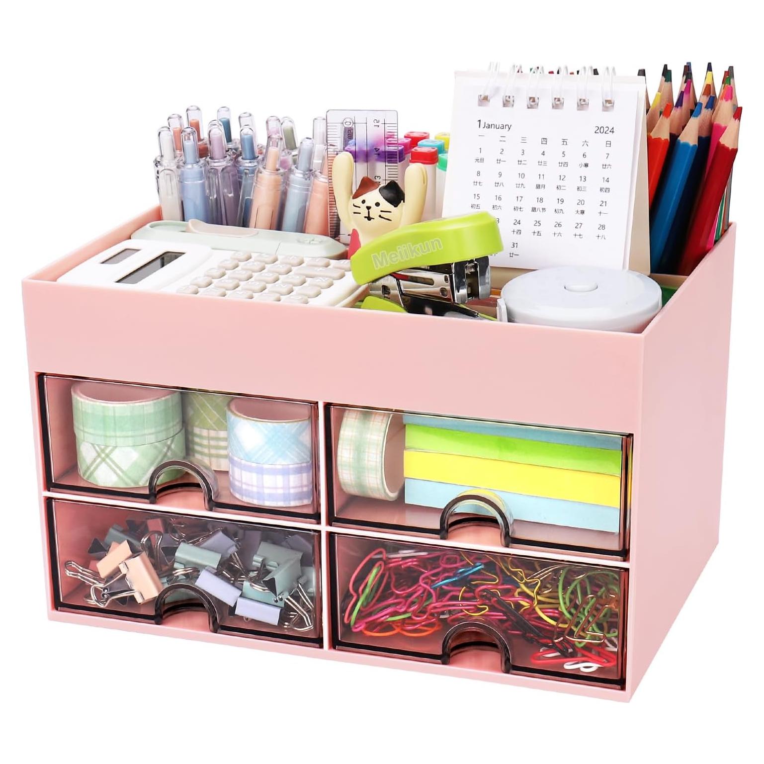 Organizador de Escritorio Meiikun Rosa con 4 Cajones y 4 Compartimentos