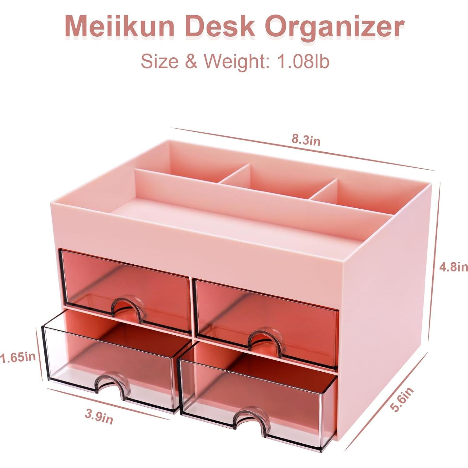 Organizador de Escritorio Meiikun Rosa con 4 Cajones y 4 Compartimentos