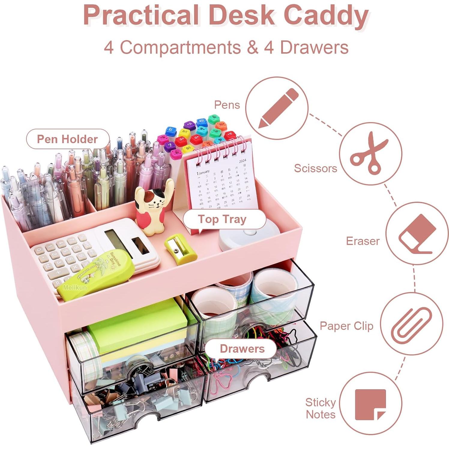 Organizador de Escritorio Meiikun Rosa con 4 Cajones y 4 Compartimentos