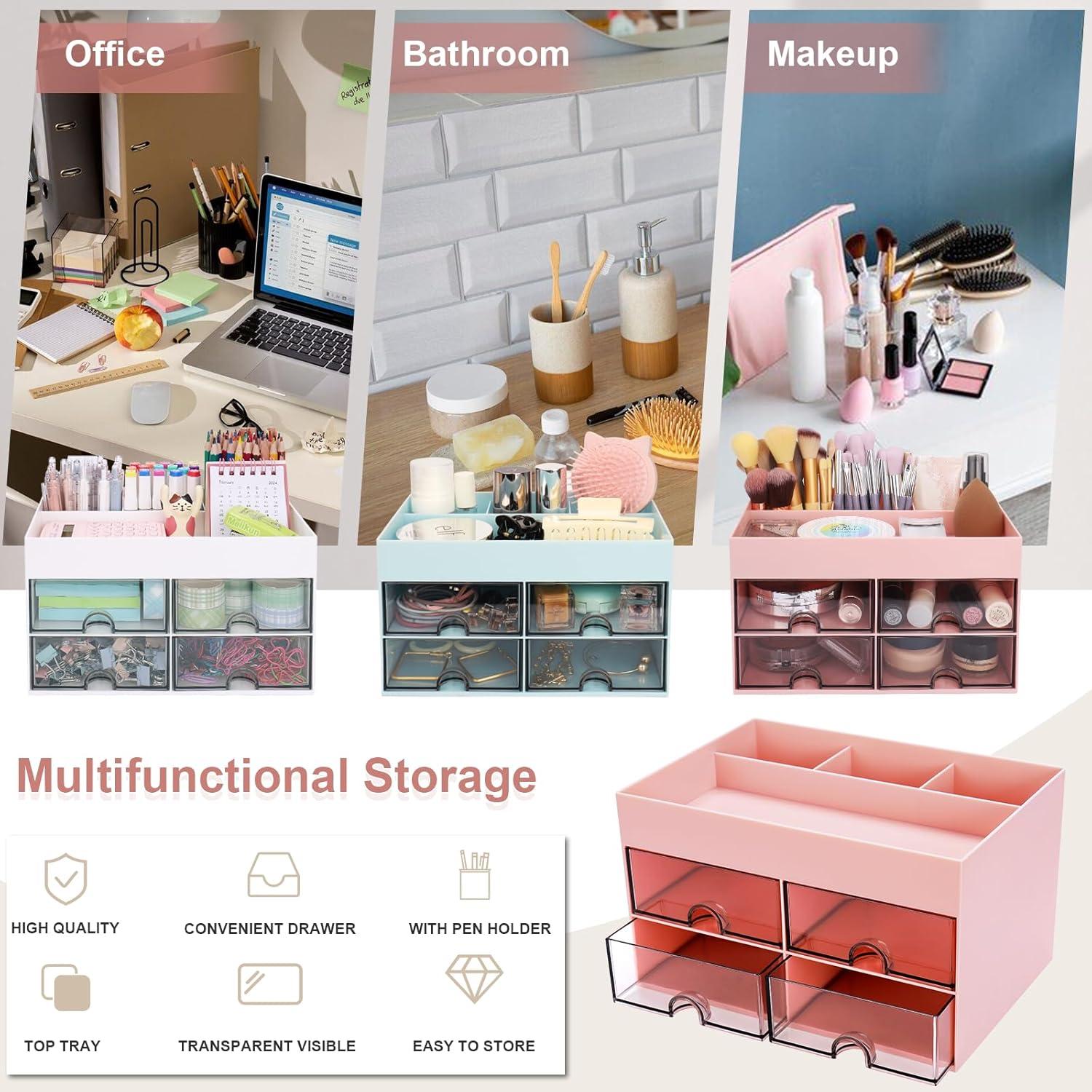 Organizador de Escritorio Meiikun Rosa con 4 Cajones y 4 Compartimentos