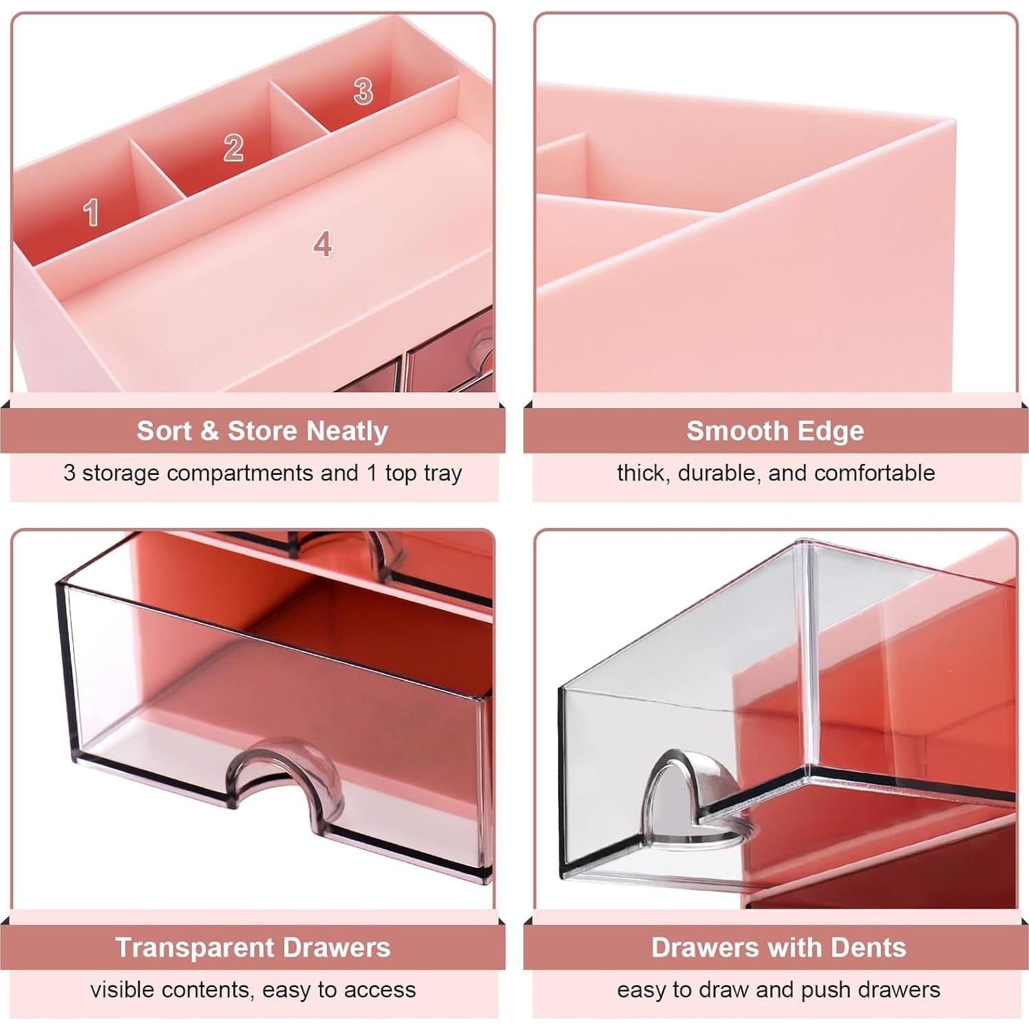 Organizador de Escritorio Meiikun Rosa con 4 Cajones y 4 Compartimentos