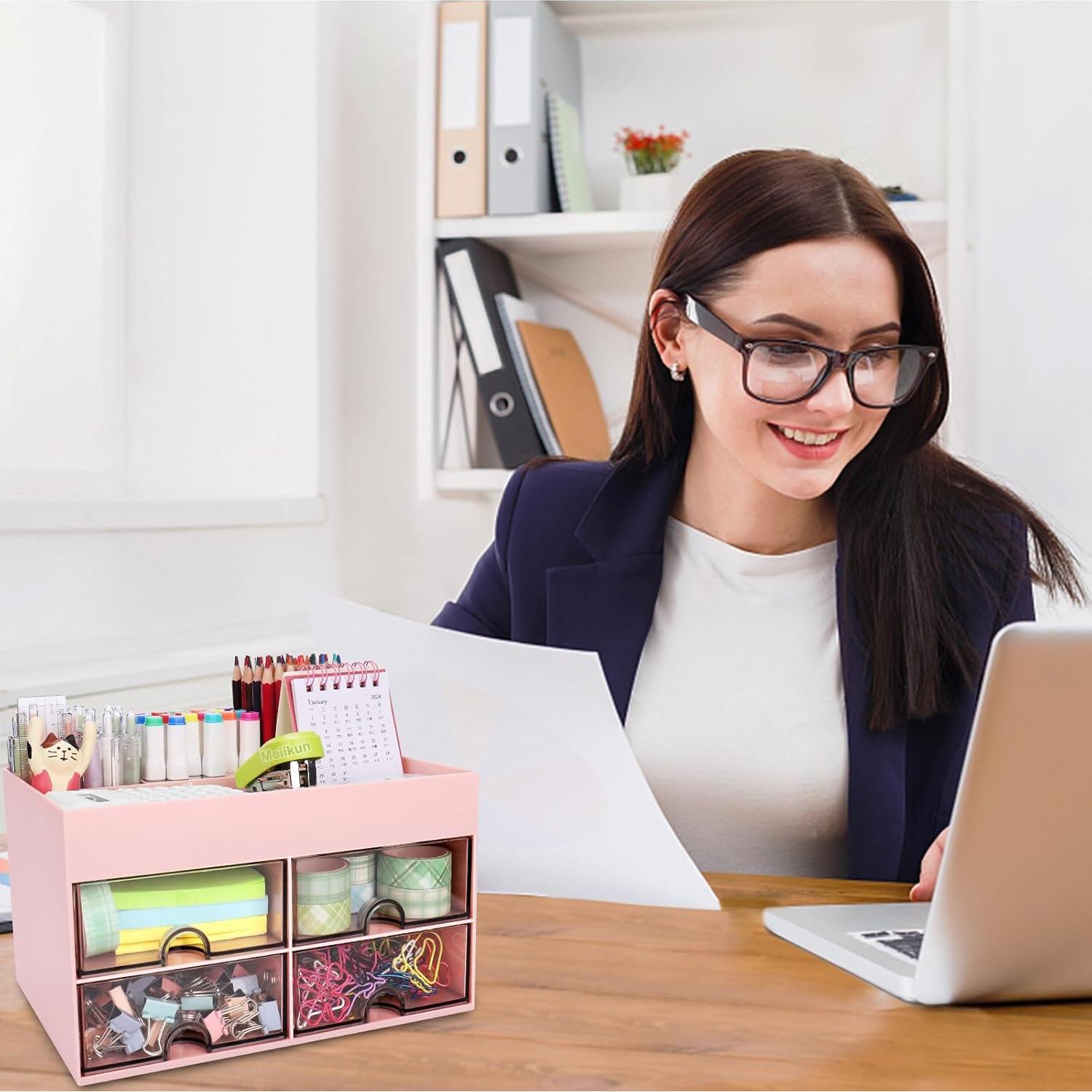 Organizador de Escritorio Meiikun Rosa con 4 Cajones y 4 Compartimentos
