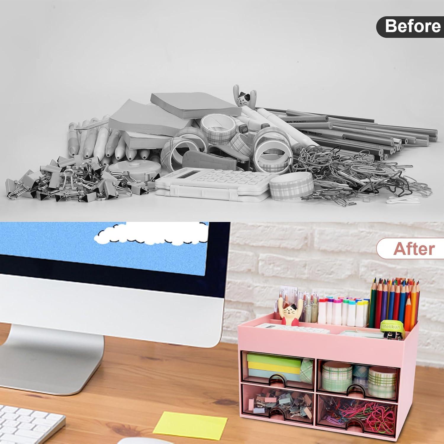 Organizador de Escritorio Meiikun Rosa con 4 Cajones y 4 Compartimentos