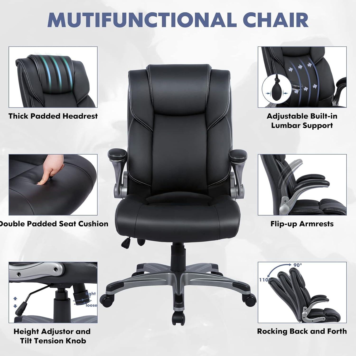 Silla de Oficina Ejecutiva COLAMY Respaldo Alto Ergonómica Negra