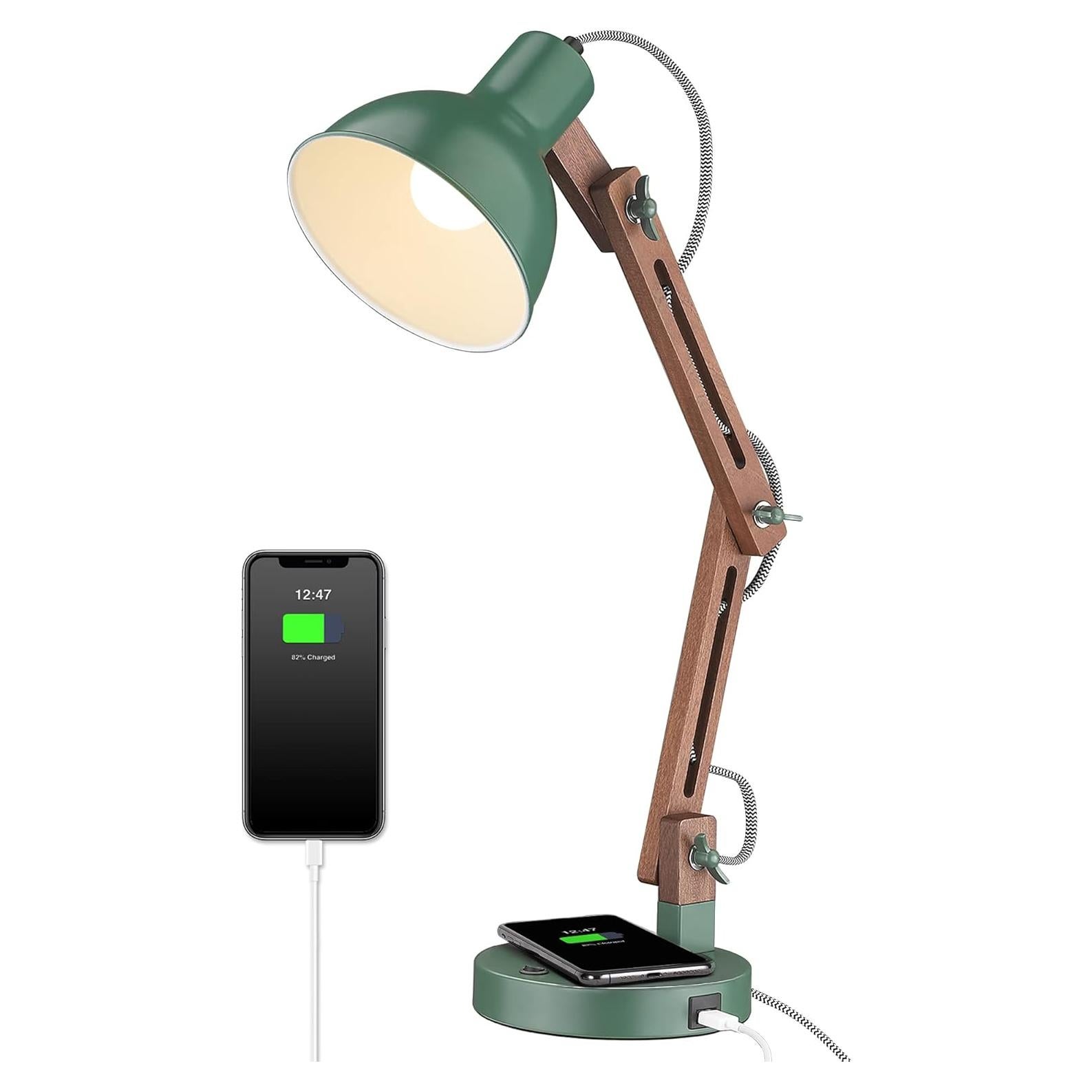 Lámpara de Escritorio LED ELYONA Verde Vintage con Cargador Inalámbrico