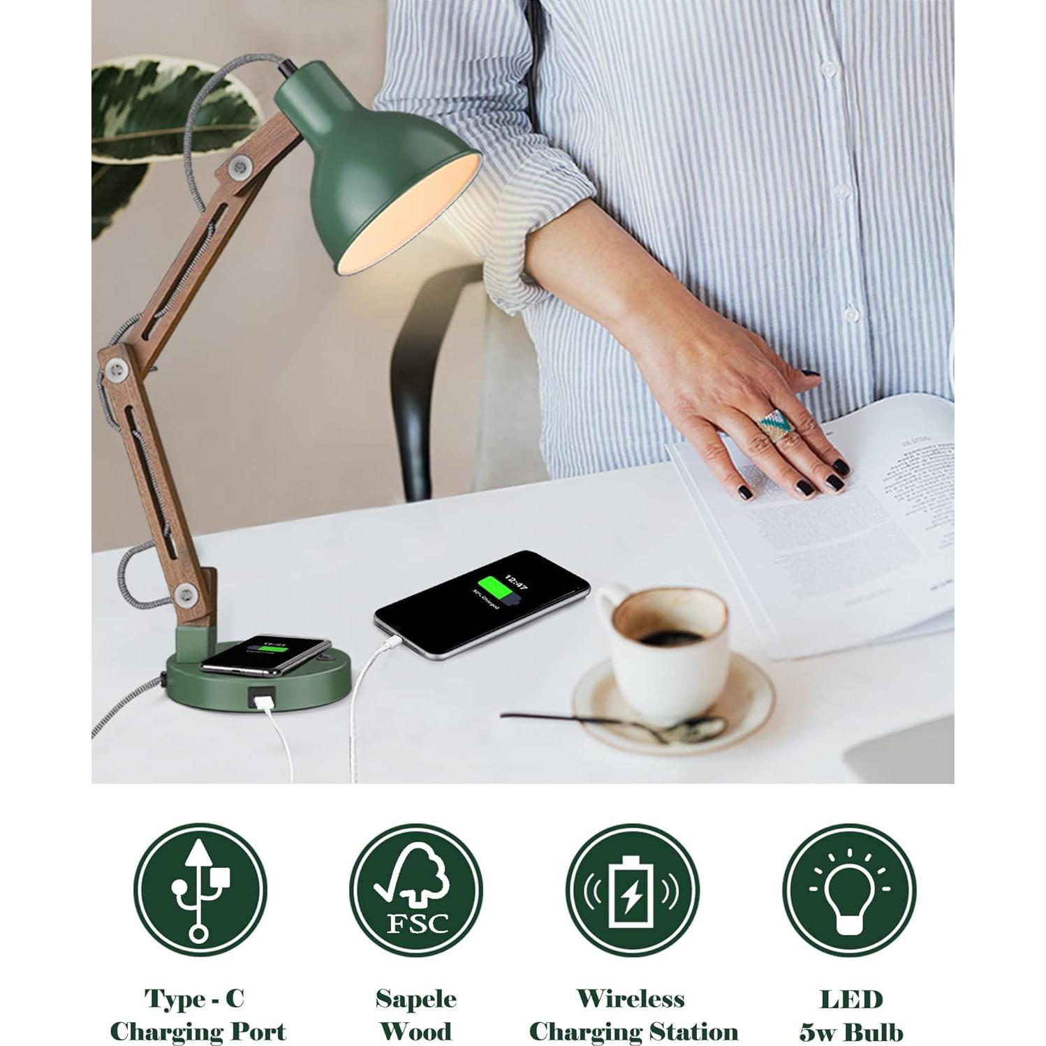 Lámpara de Escritorio LED ELYONA Verde Vintage con Cargador Inalámbrico