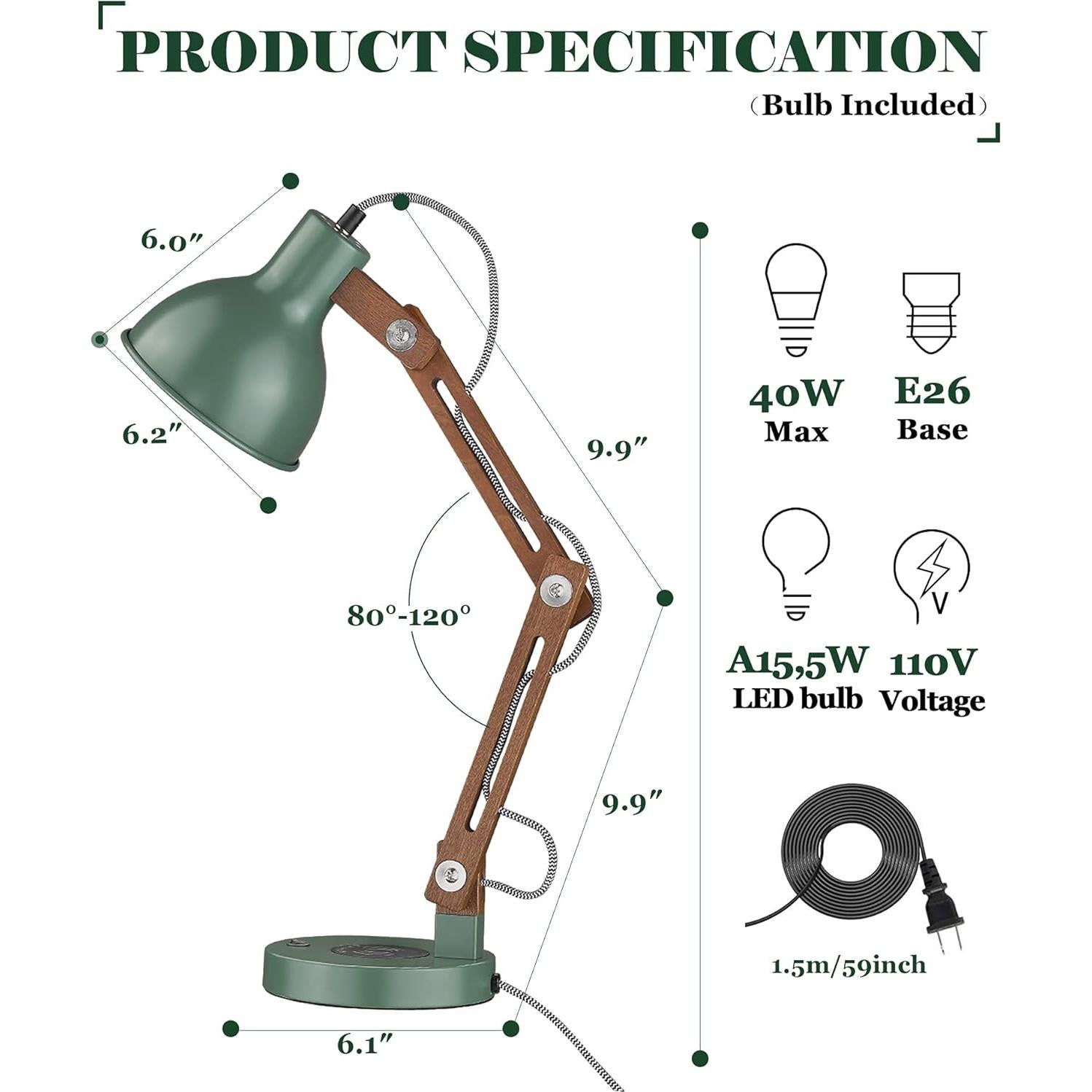 Lámpara de Escritorio LED ELYONA Verde Vintage con Cargador Inalámbrico