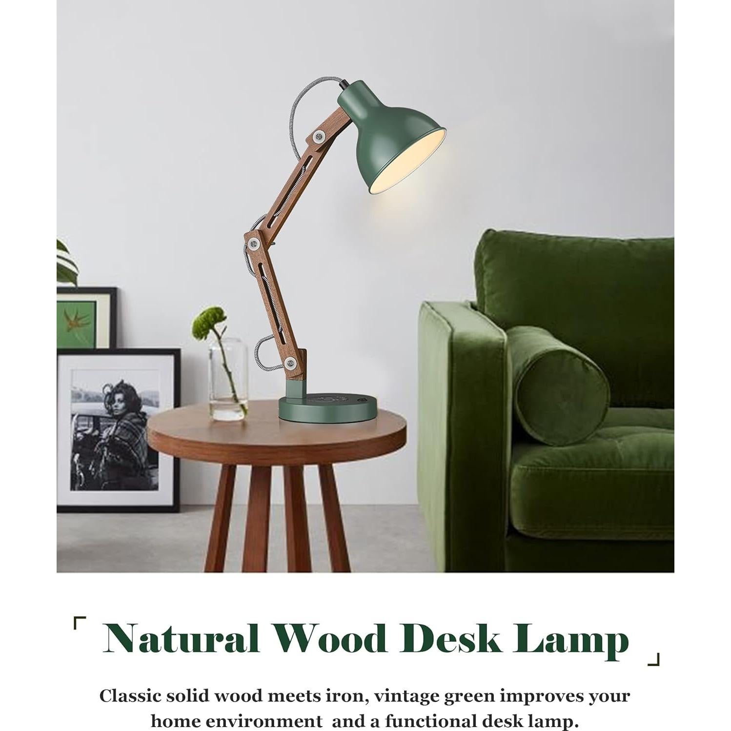 Lámpara de Escritorio LED ELYONA Verde Vintage con Cargador Inalámbrico