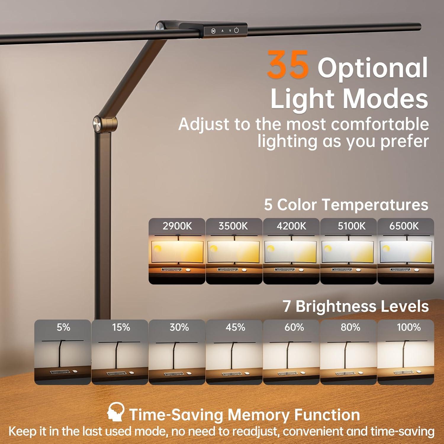 Lámpara de Escritorio LED HUMIIEYE 24W con Carga USB y 35 Modos