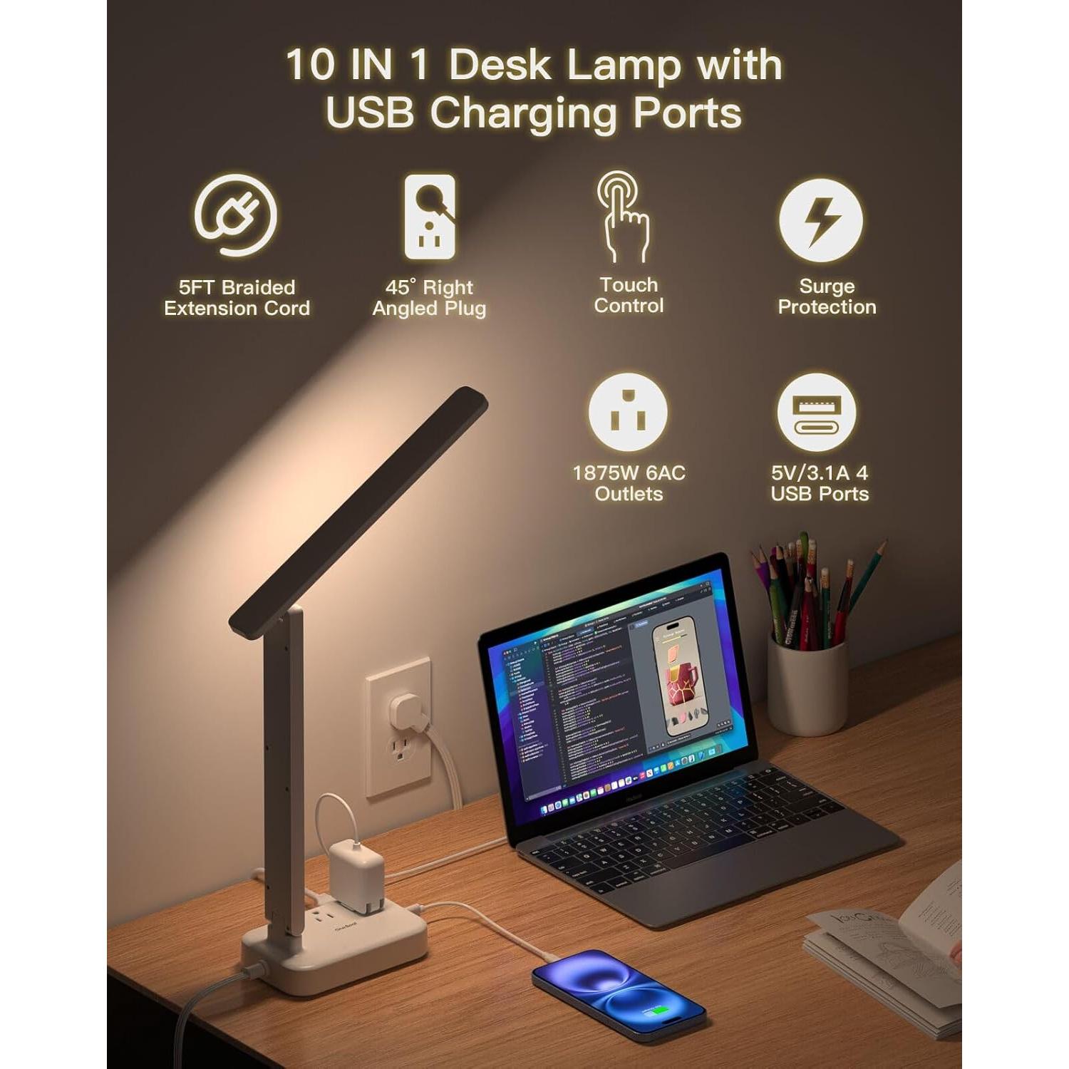 Lámpara de Escritorio One Beat LED con 6 Salidas y 4 Puertos USB