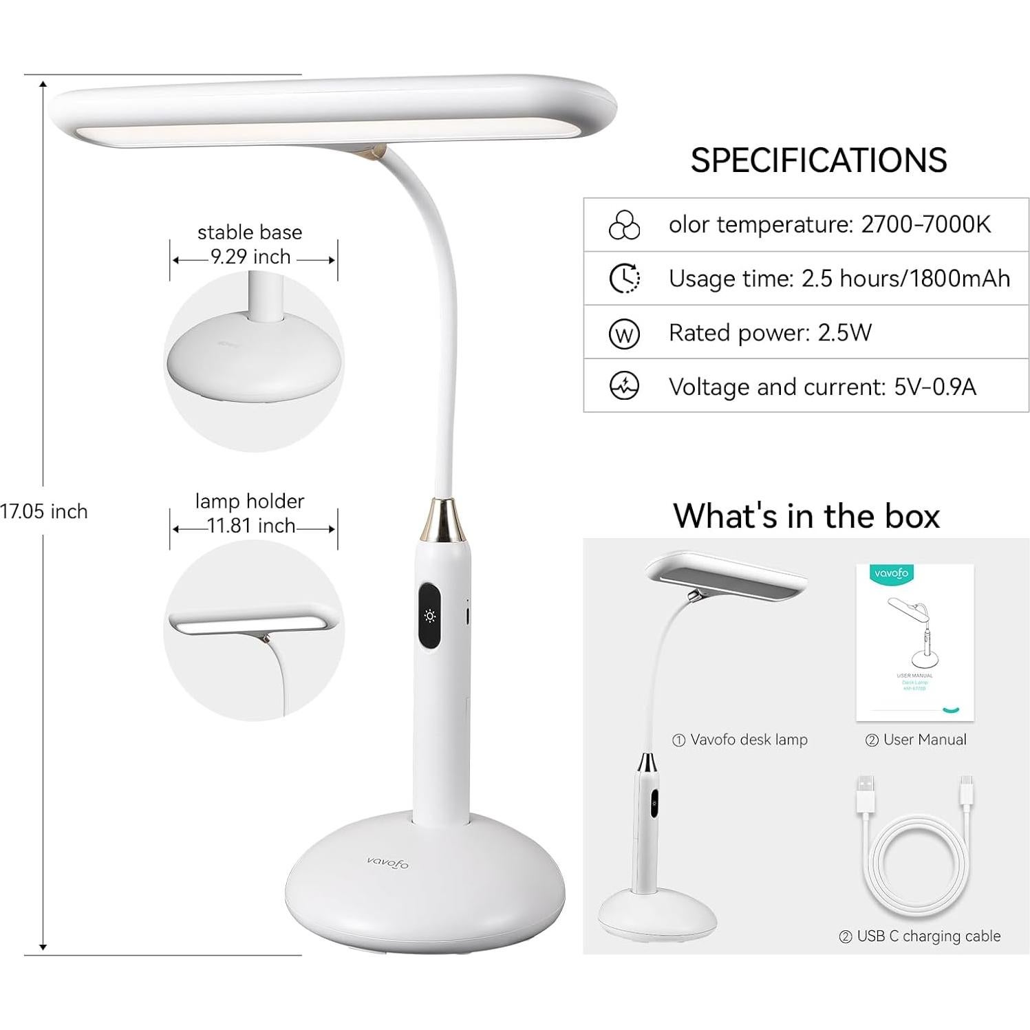 Lámpara de Escritorio LED VAVOFO KM-6778B - Control Táctil, 700 Lúmenes, Luz Ajustable 2700-7000K, Gooseneck Flexible