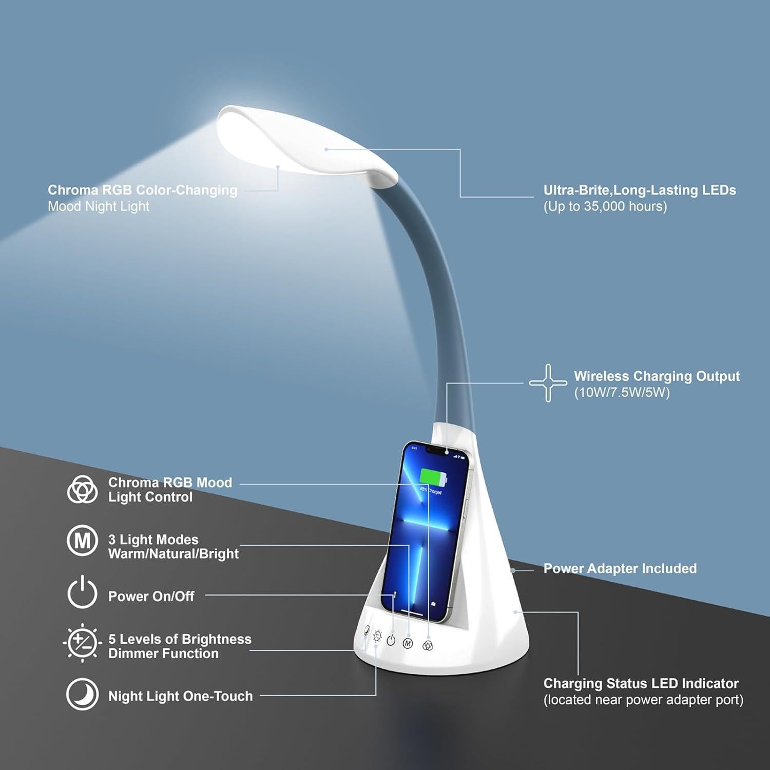 Lámpara de Escritorio LED DomIQ SWAN1 con Cargador Inalámbrico