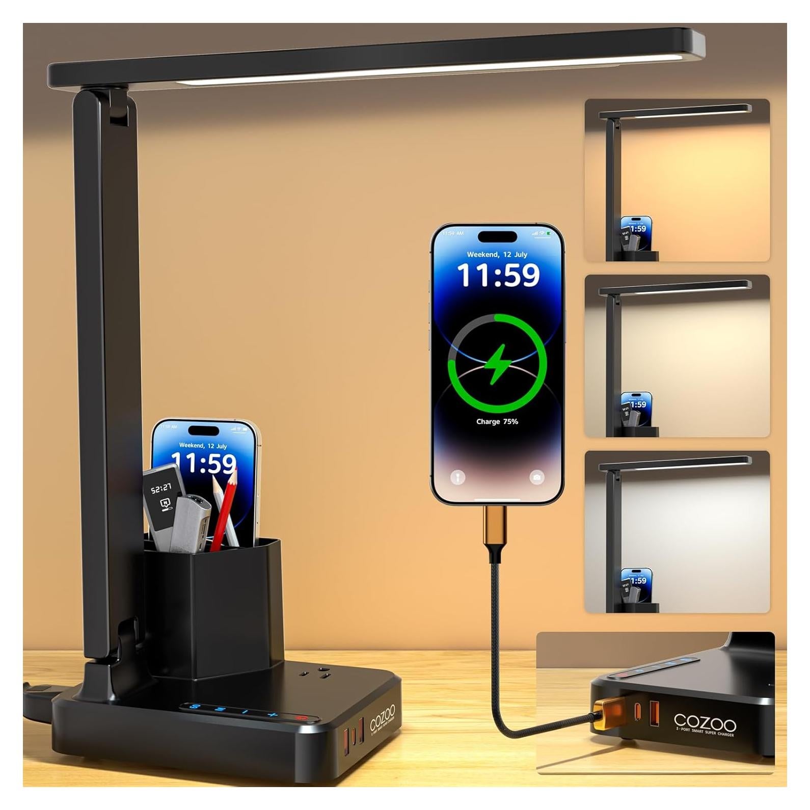 Lámpara de Escritorio LED COZOO 10W con 3 Puertos USB y AC