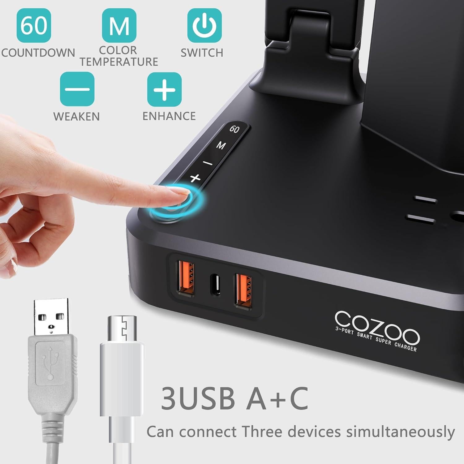 Lámpara de Escritorio LED COZOO 10W con 3 Puertos USB y AC