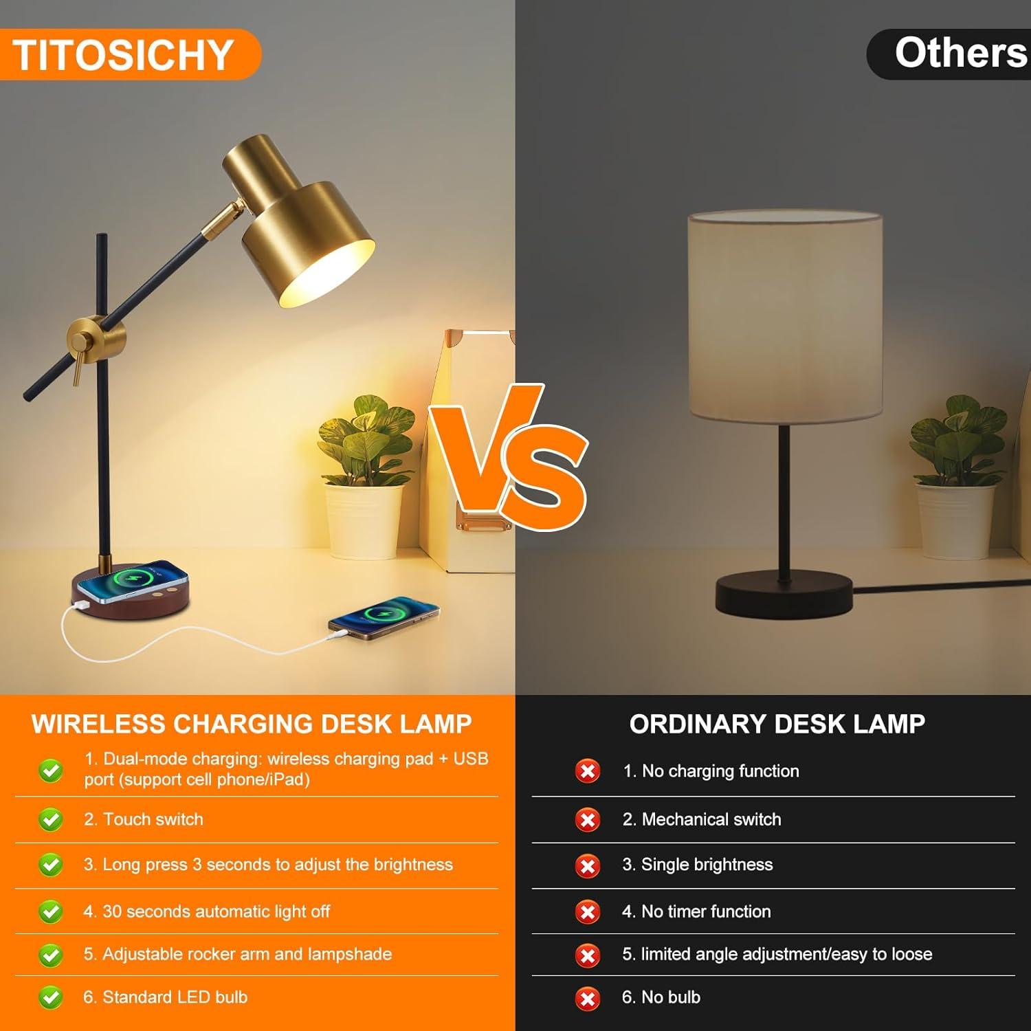 Lámpara de Escritorio TITOSICHY con Cargador Inalámbrico USB