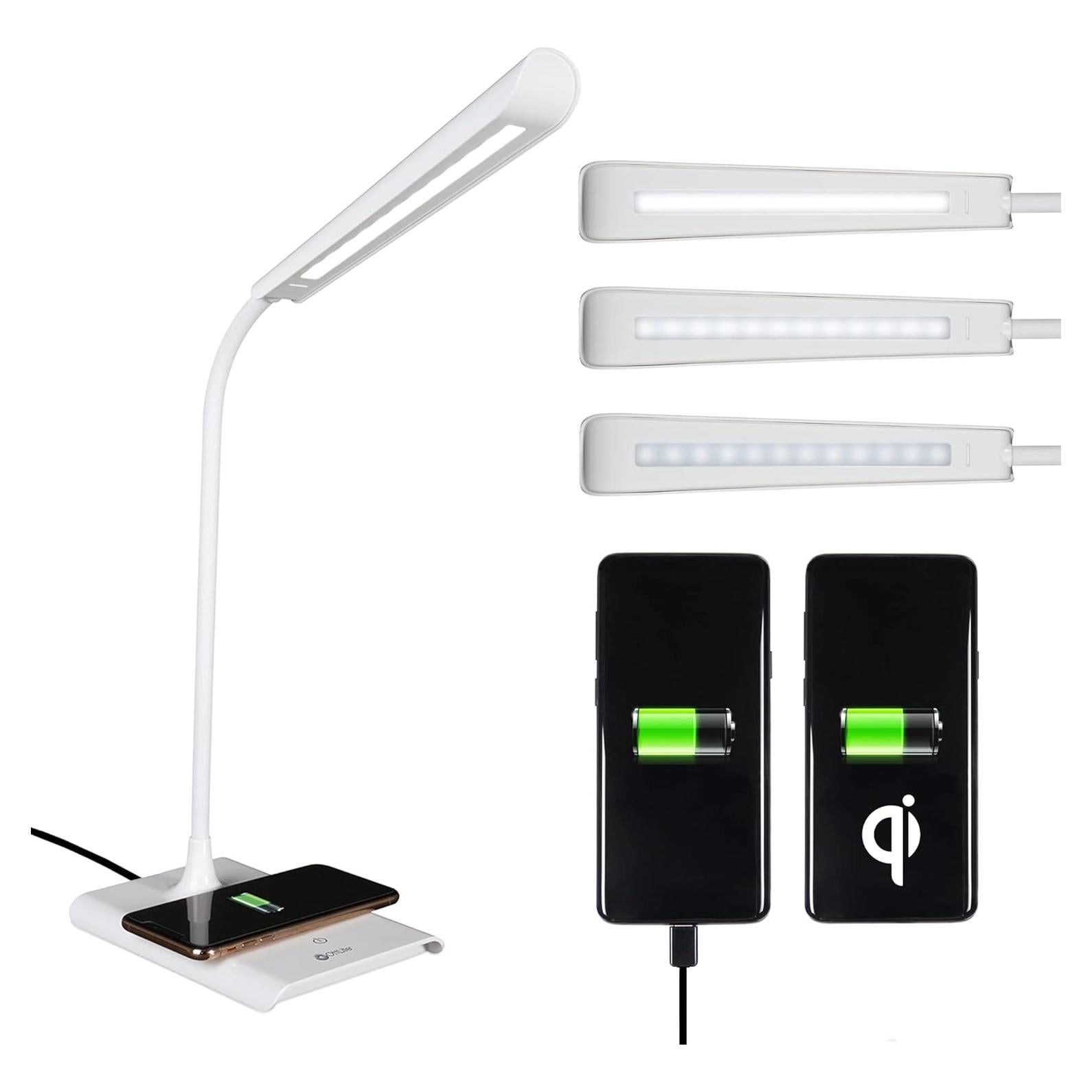 OttLite Power-Up LED Desk Lamp with Wireless Qi Charging & USB Charging Port, with ClearSun LED Technology - Flexible Neck, 3 Brightness Settings, Reduces Eyestrain - Task Lamp for Office & Dorms