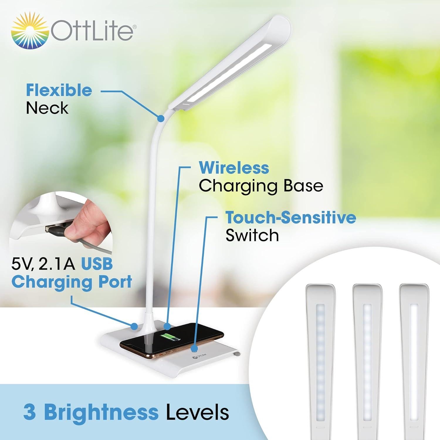 OttLite Power-Up LED Desk Lamp with Wireless Qi Charging & USB Charging Port, with ClearSun LED Technology - Flexible Neck, 3 Brightness Settings, Reduces Eyestrain - Task Lamp for Office & Dorms