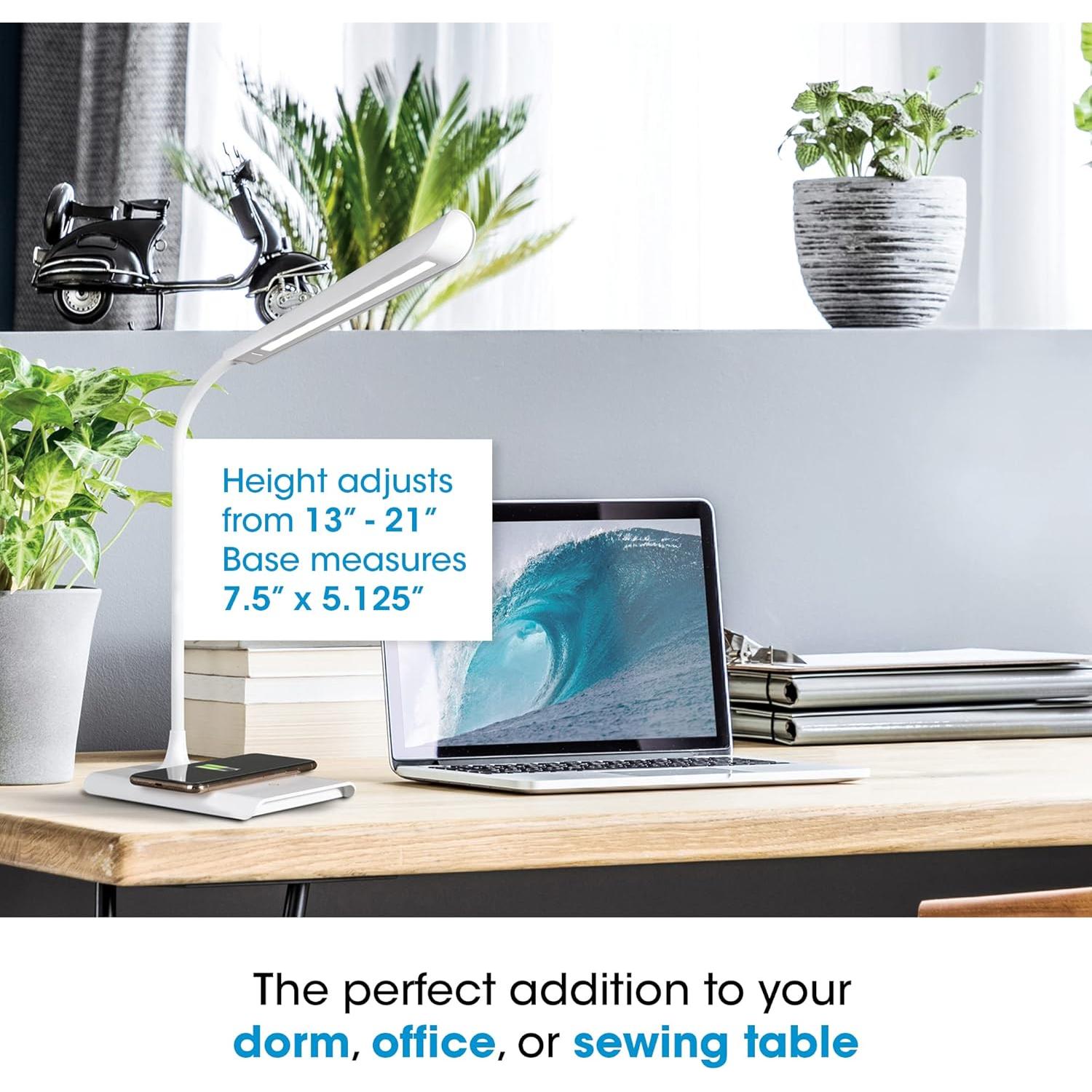 OttLite Power-Up LED Desk Lamp with Wireless Qi Charging & USB Charging Port, with ClearSun LED Technology - Flexible Neck, 3 Brightness Settings, Reduces Eyestrain - Task Lamp for Office & Dorms