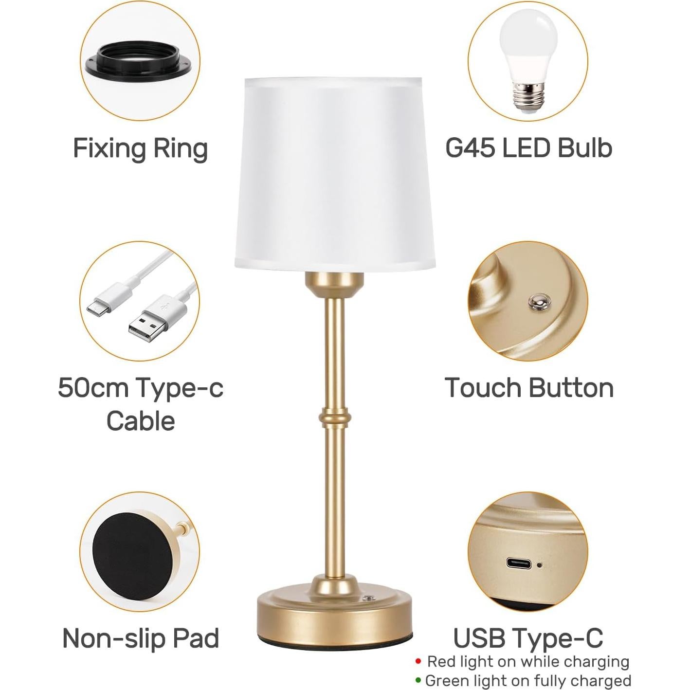 Lámpara de Mesa LED Dorada Recargable 6000mAh Dimmable