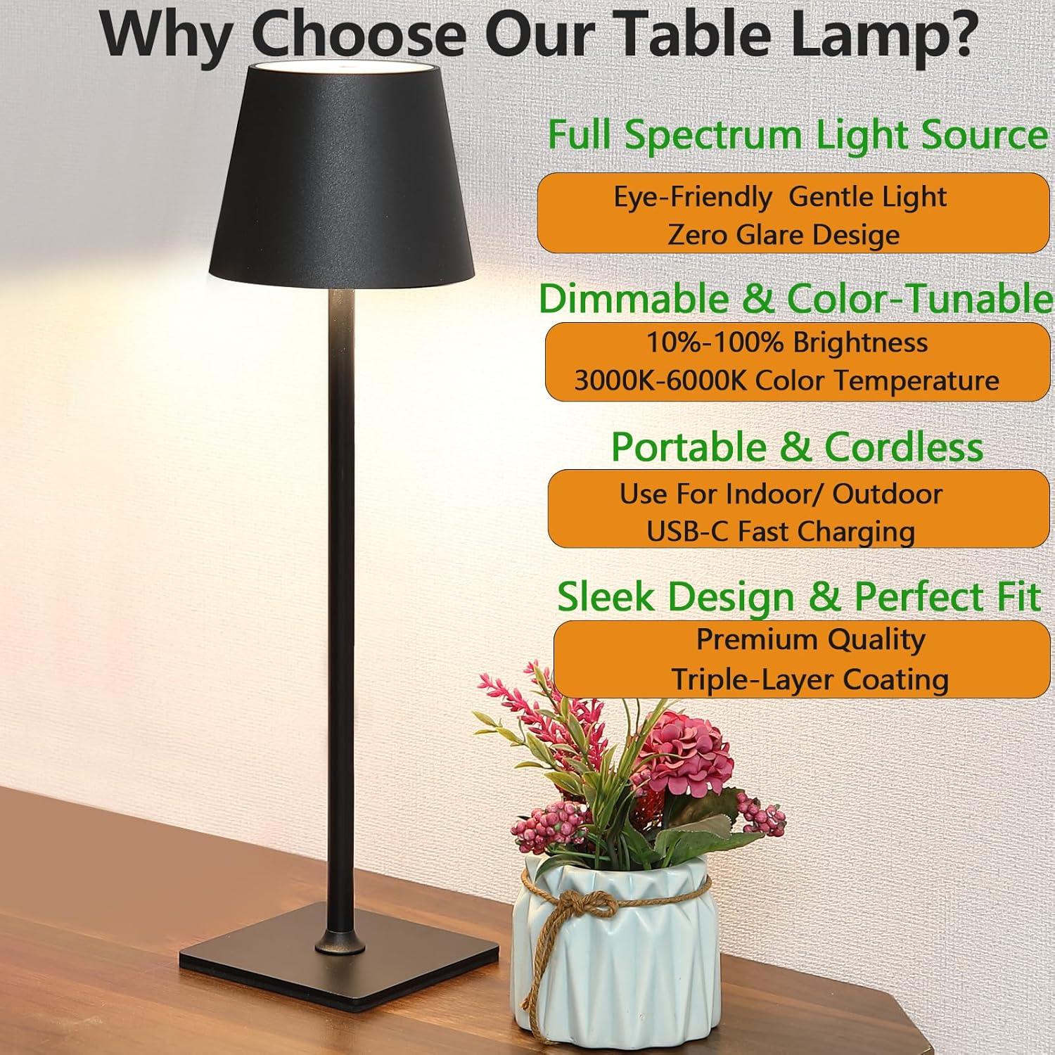 Lámpara de Mesa LED Recargable Inalámbrica 2 Paquetes Negra