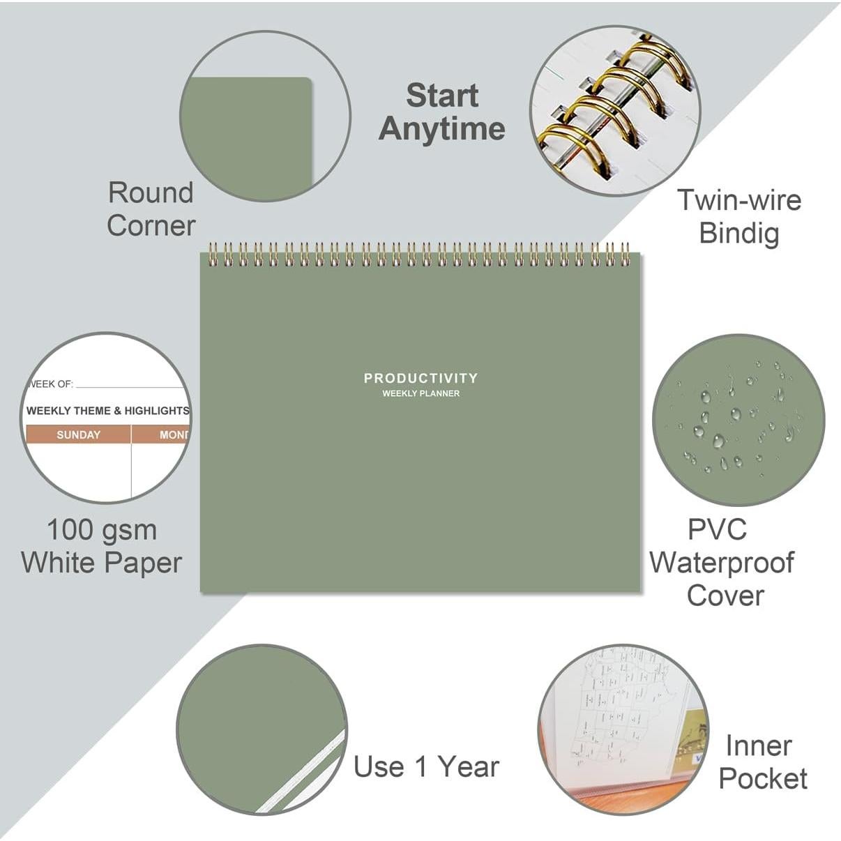 Planificador Semanal Heveboik Verde 21.6x27.9 cm 54 Semanas