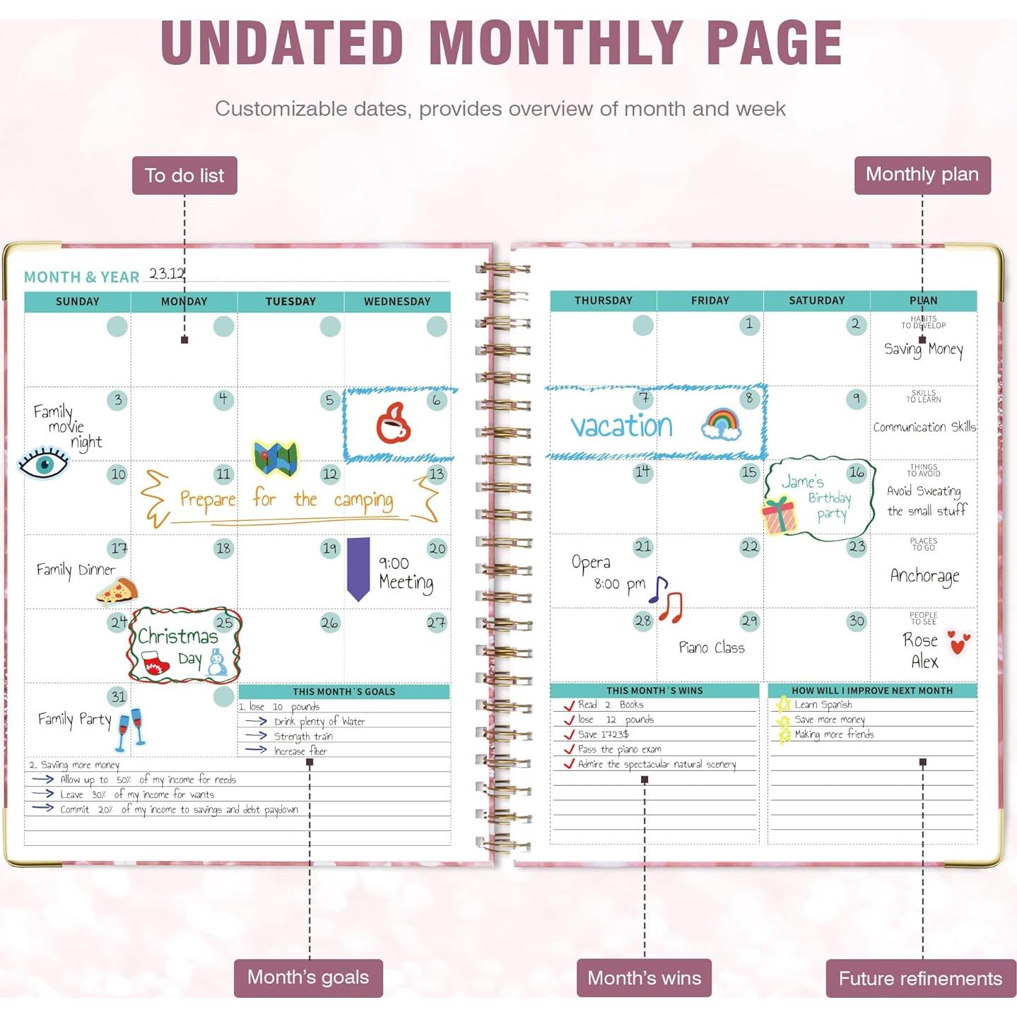 Planificador Espiral Sin Fecha Ospelelf Rosa 12 Meses 22.4x28.2cm