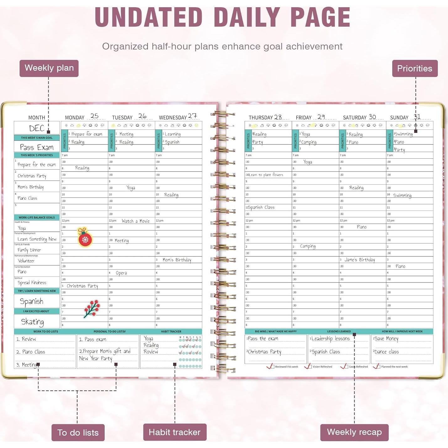 Planificador Espiral Sin Fecha Ospelelf Rosa 12 Meses 22.4x28.2cm