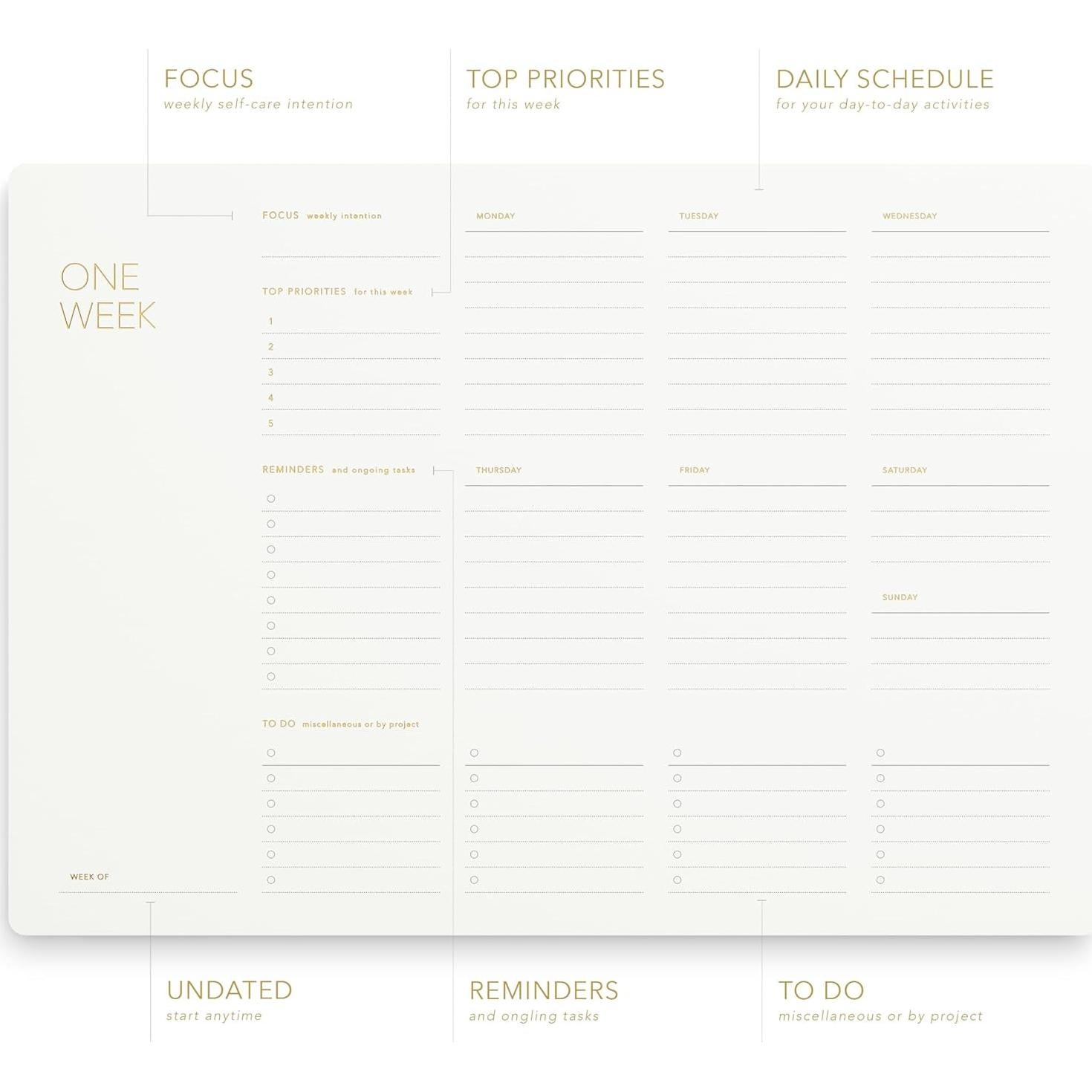 Planificador Semanal Pinesman A4 Minimalista con Foil Dorado