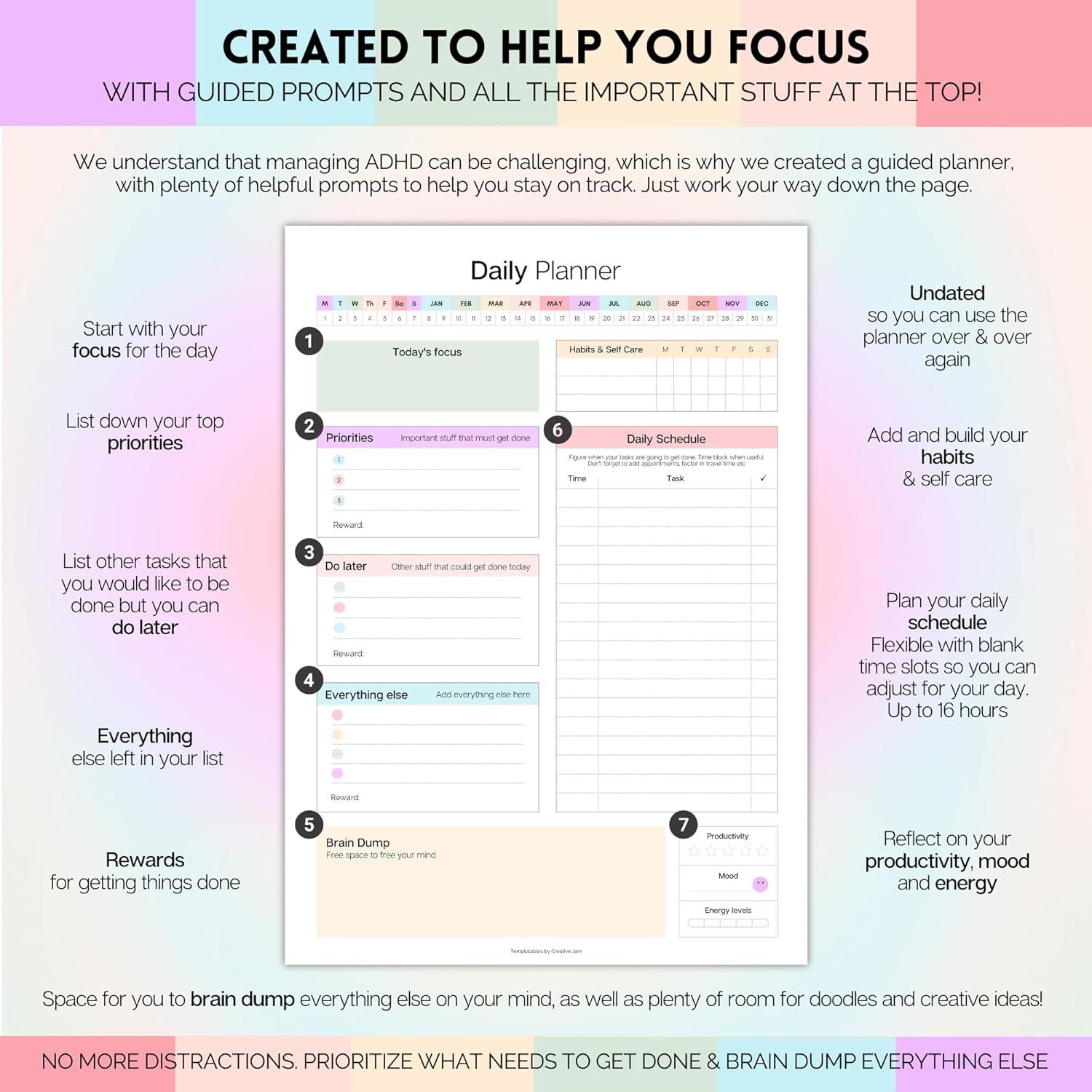 Planificador Diario TDAH Templatables A5 Arcoíris 178g