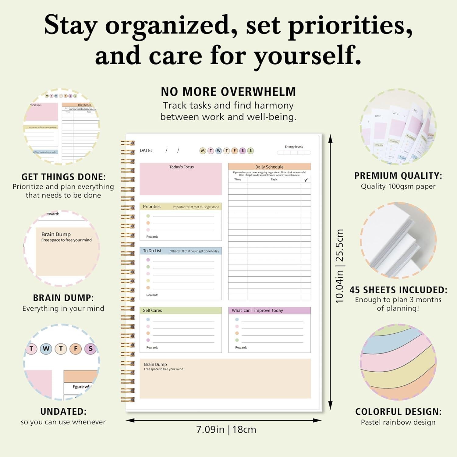 Planificador Diario TDAH Kamoy Cubierta Dura 17.78x25.4cm Naranja