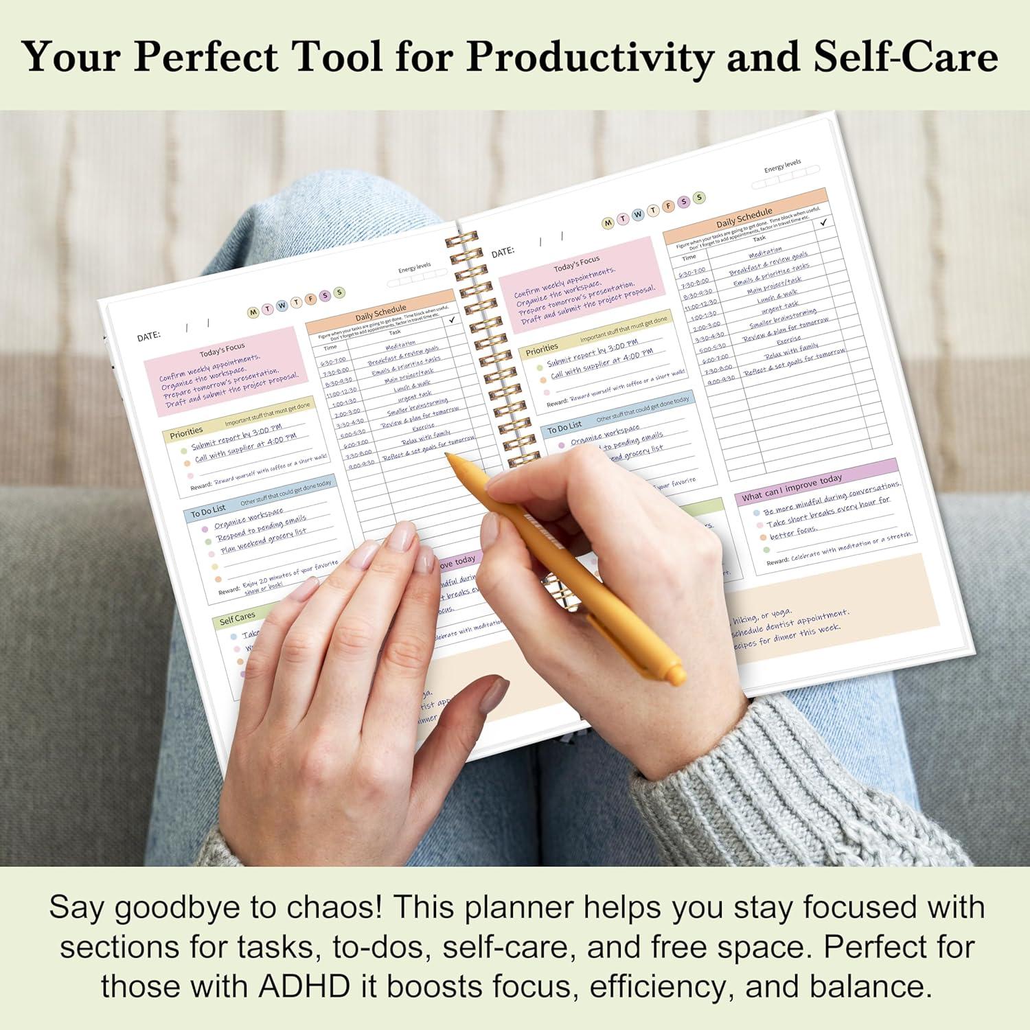 Planificador Diario TDAH Kamoy Cubierta Dura 17.78x25.4cm Naranja