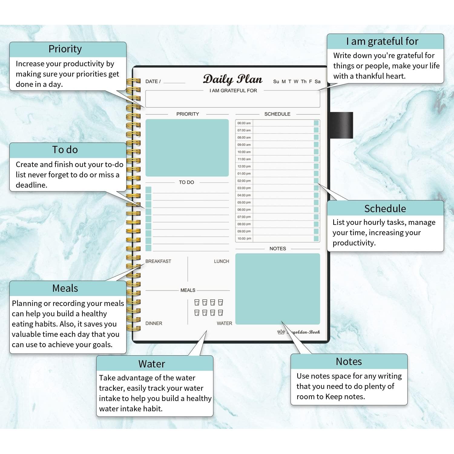 Planificador Diario Sin Fecha Regolden-Book B5 Negro 160 Páginas