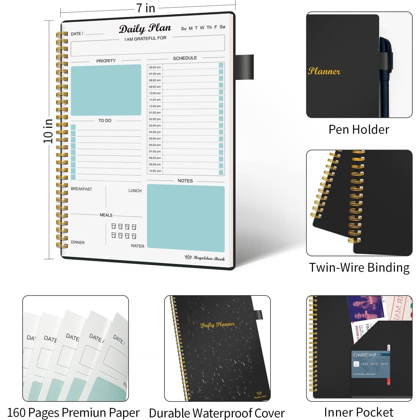 Planificador Diario Sin Fecha Regolden-Book B5 Negro 160 Páginas