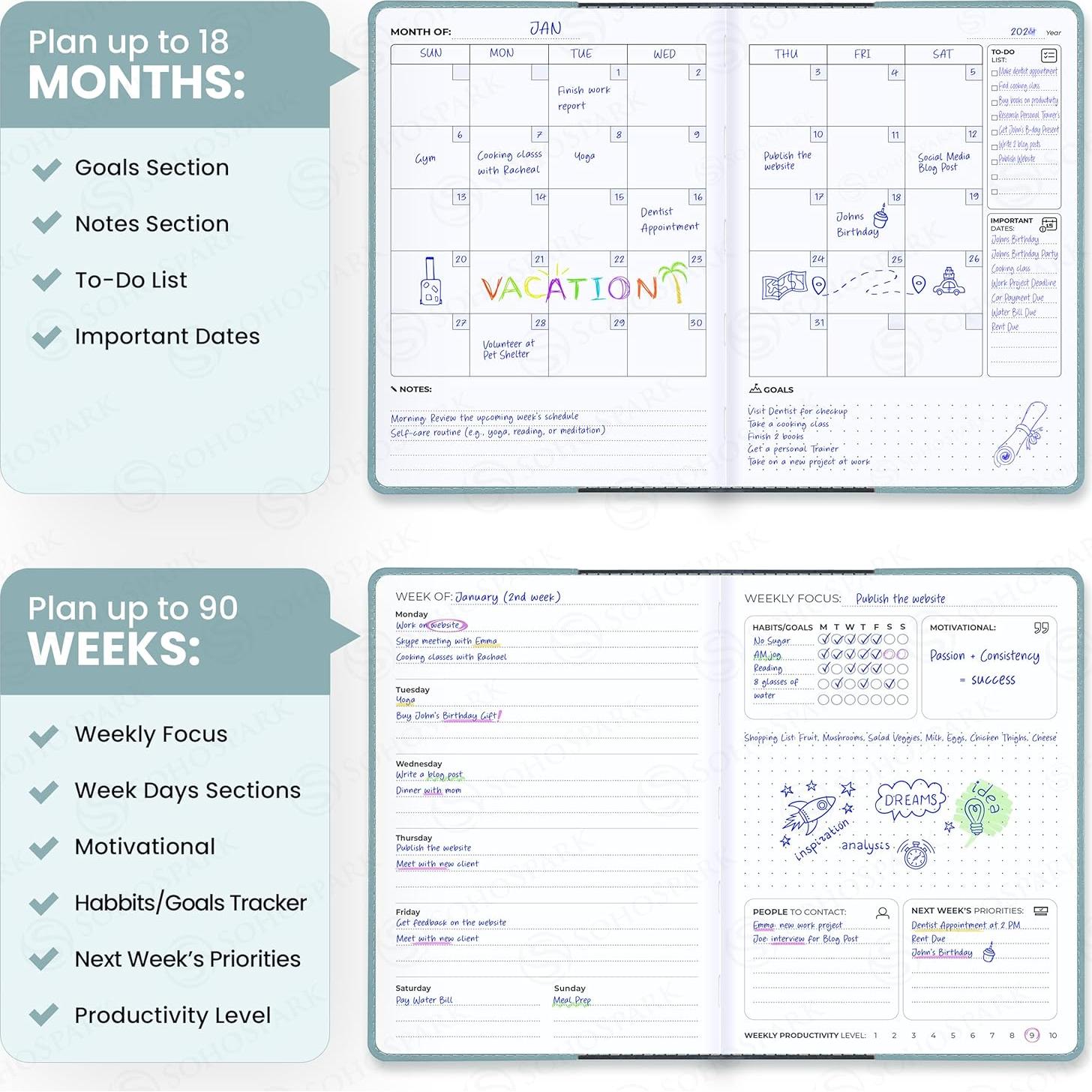 Planificador Semanal y Mensual SohoSpark 18 Meses Azul 15.24x22.10 cm
