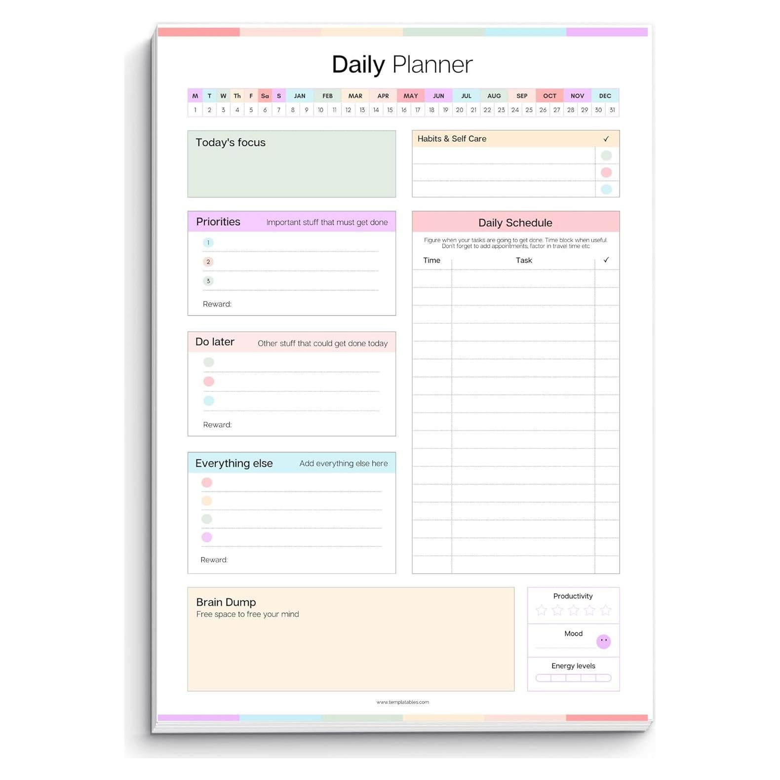 Planificador Diario A4 Templatables para Adultos con ADHD - 50 Hojas