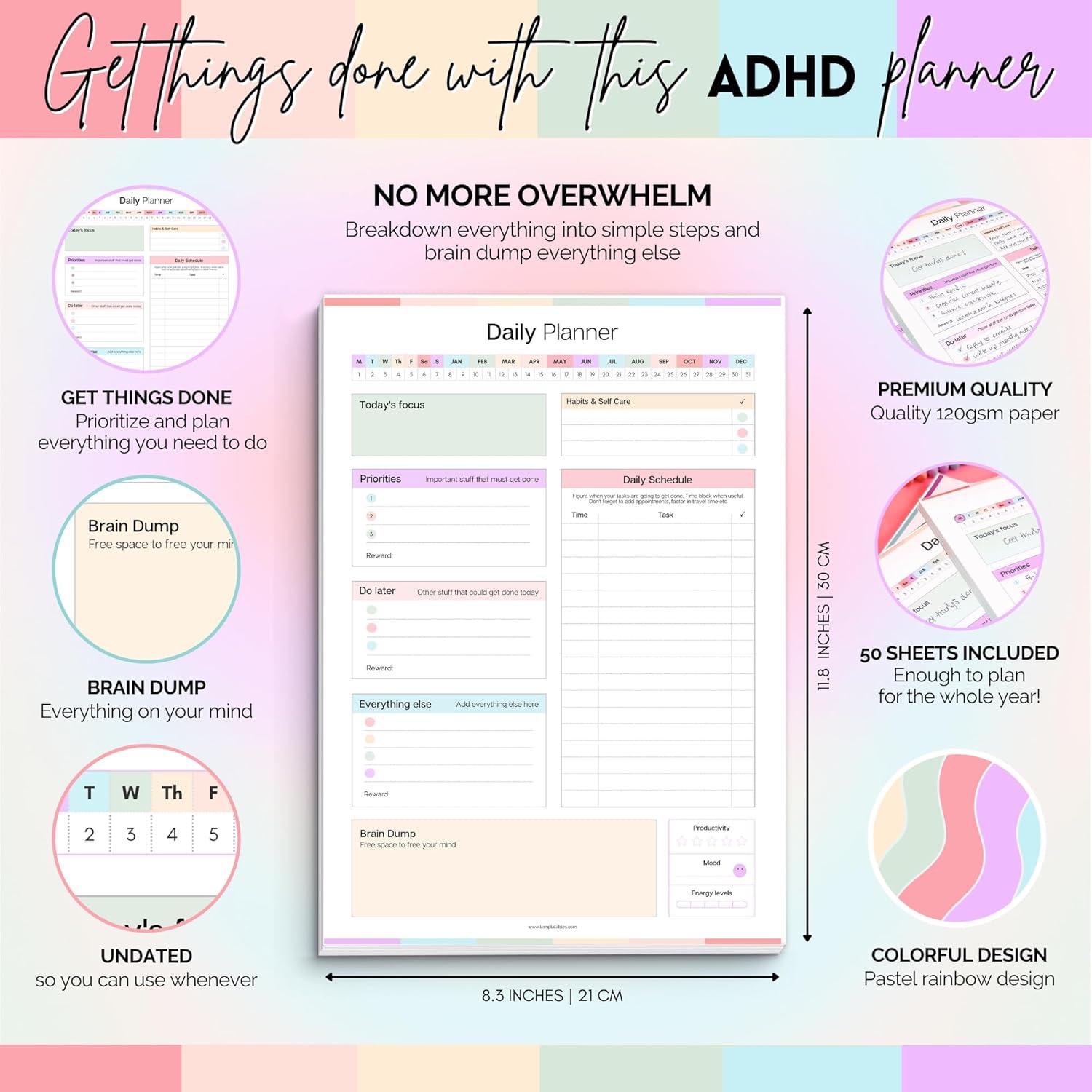 Planificador Diario A4 Templatables para Adultos con ADHD - 50 Hojas